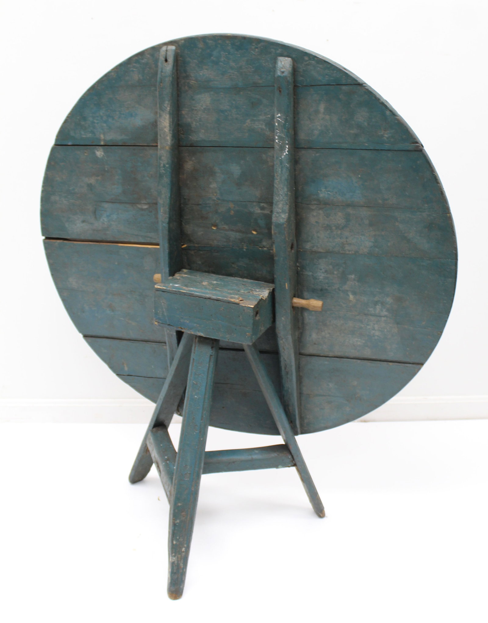 Antique tilt top table on tripod base in blue paint - 25" tall x 36 1/2" diam (1 of 8)