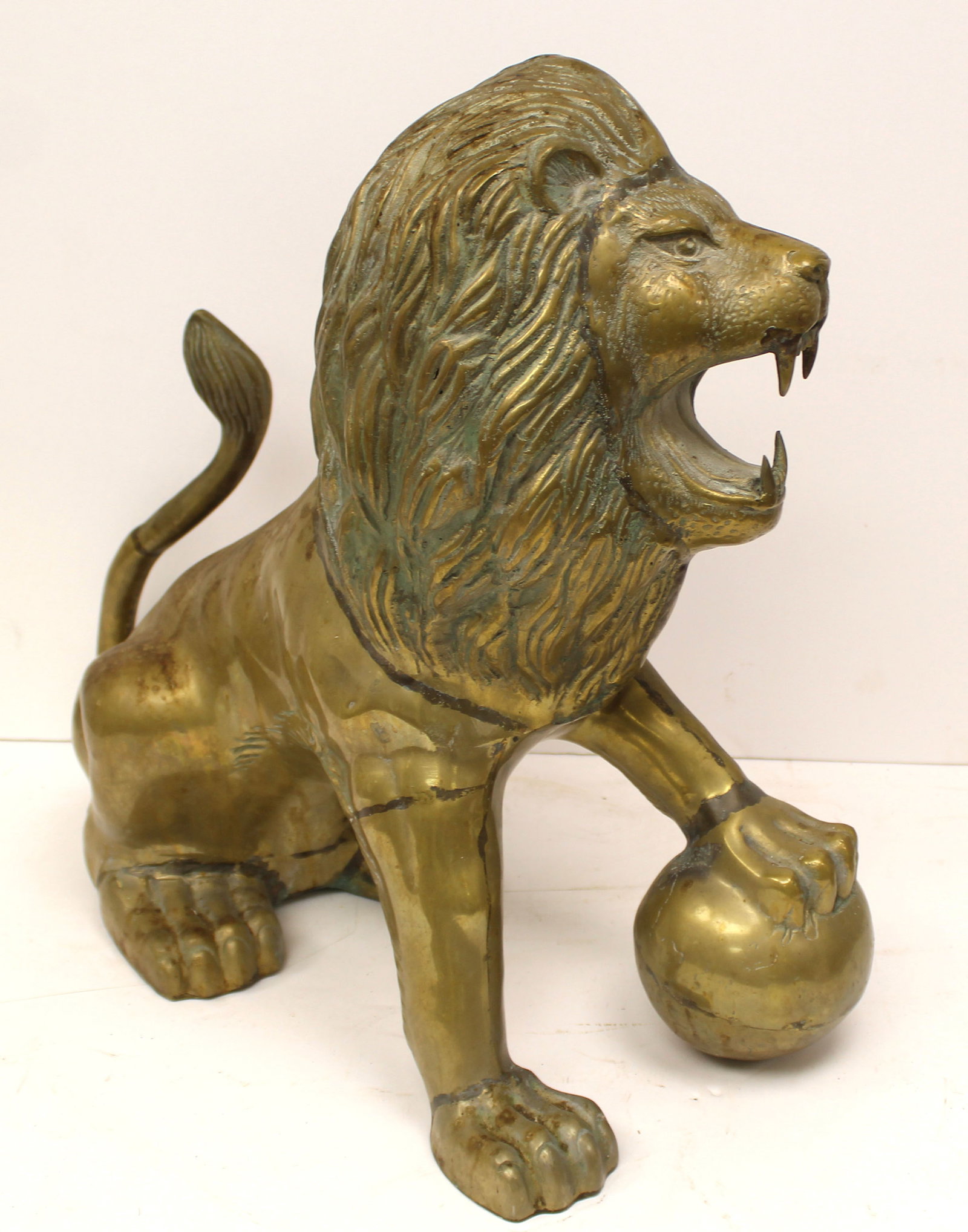 Large brass lion w paw on ball - 18 1/2" tall x 21 1/2" (1 of 8)