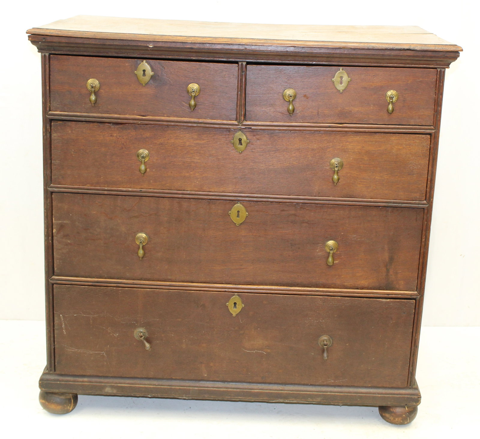 18thC 2 over 3 drawer ball ft chest - 36 1/2" tall x 27 1/2" wide x 20" deep (1 of 19)