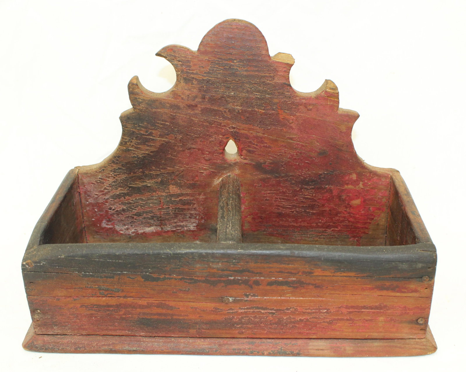 Antique wall box w divided interior & scrolled back in red paint - 8" tall x 11"x5" (1 of 5)