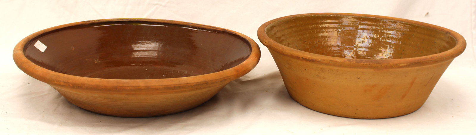 Lot of 2 antique redware milk pans - 3 1/2" tall x 16: diam & 4 1/2" tall x 15" diam (1 of 6)