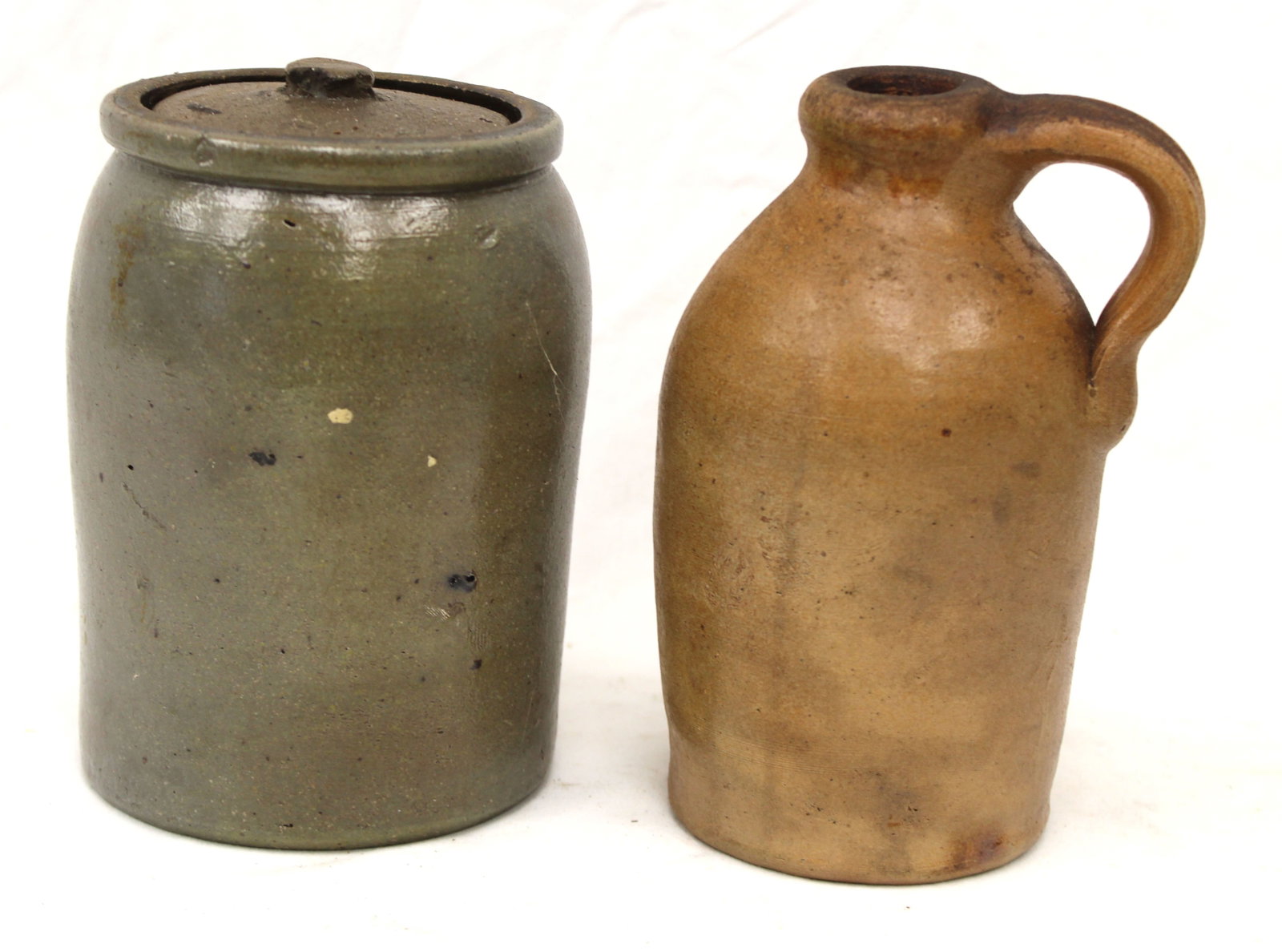 Lot of 2 antique diminutive stoneware items incl jug & covered jar - 6" & 6 6 1/2" tall (1 of 8)