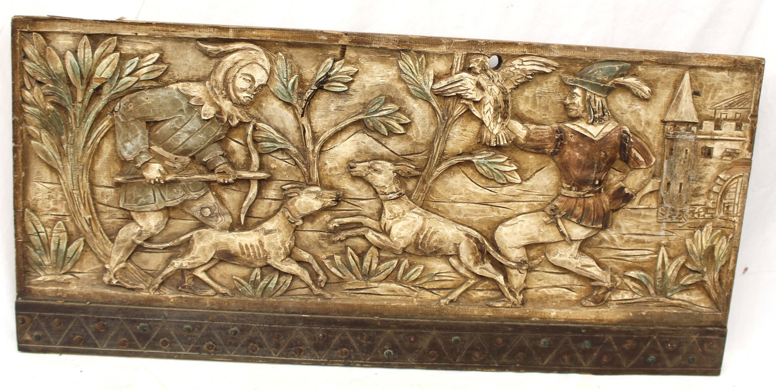 Antique carved wooden panel w hunting scene w men, dogs, falcon & castle - 16 1/2" x 35" (1 of 9)