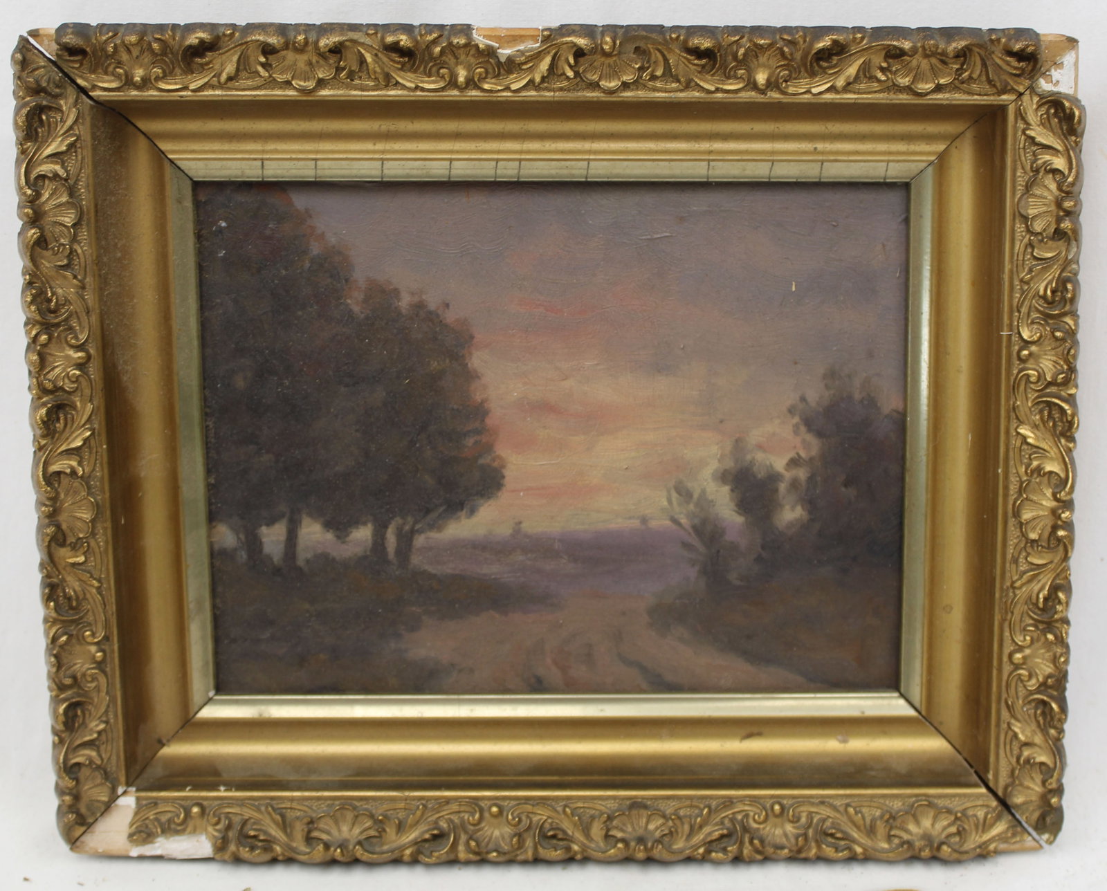 Unsigned antique o/bd country road at sunset - overall framed size 10"x12" (1 of 8)