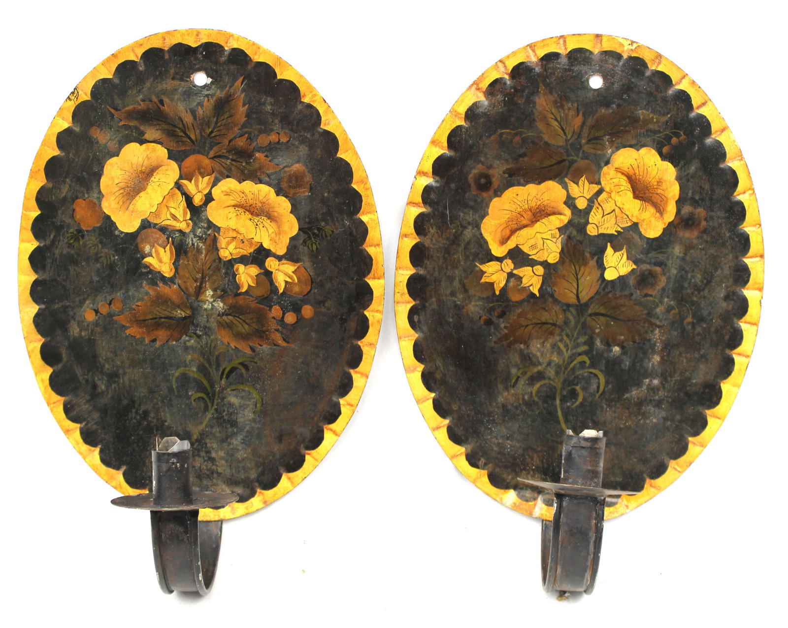 Pair of toleware wall candle sconces w floral paint decoration - 13 1/2" tall x 9" wide: Pair of toleware wall candle sconces w floral paint decoration - 13 1/2" tall x 9" wide
