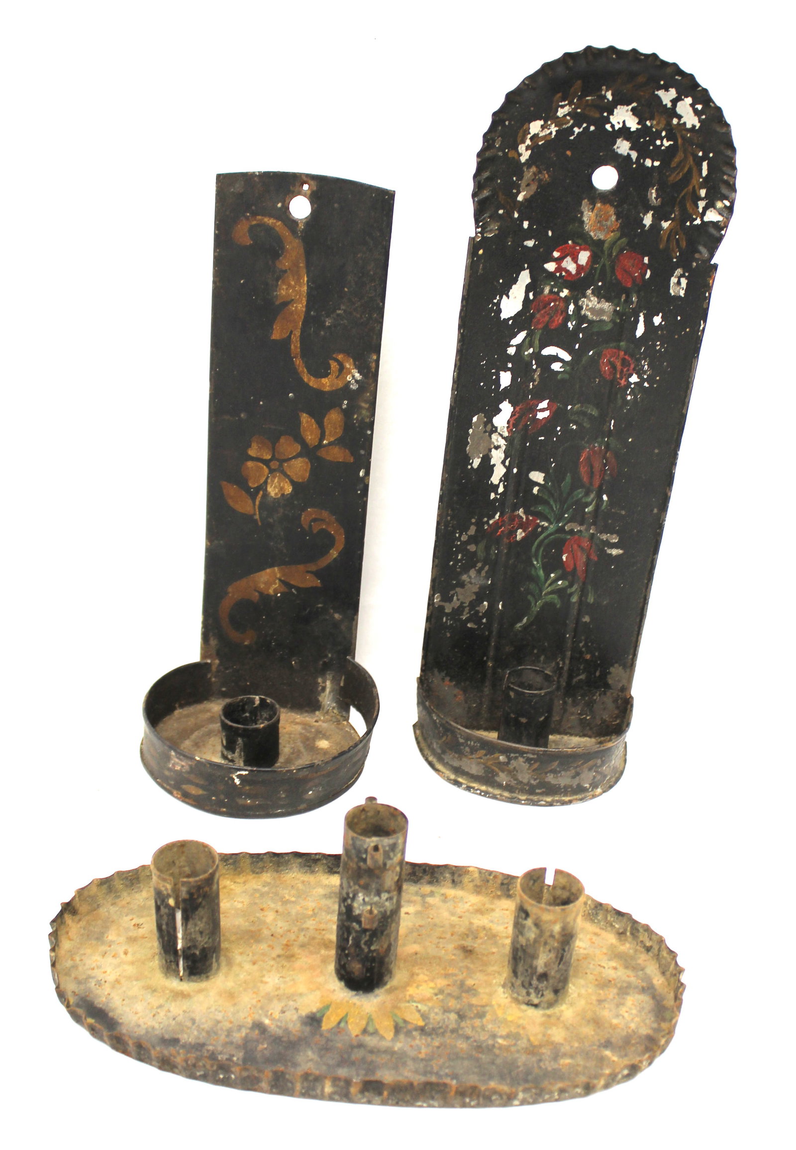 Lot of 3 toleware candle sconces - 4" tall x 9 1/2" wide, 10 1/2" & 13" tall (1 of 5)