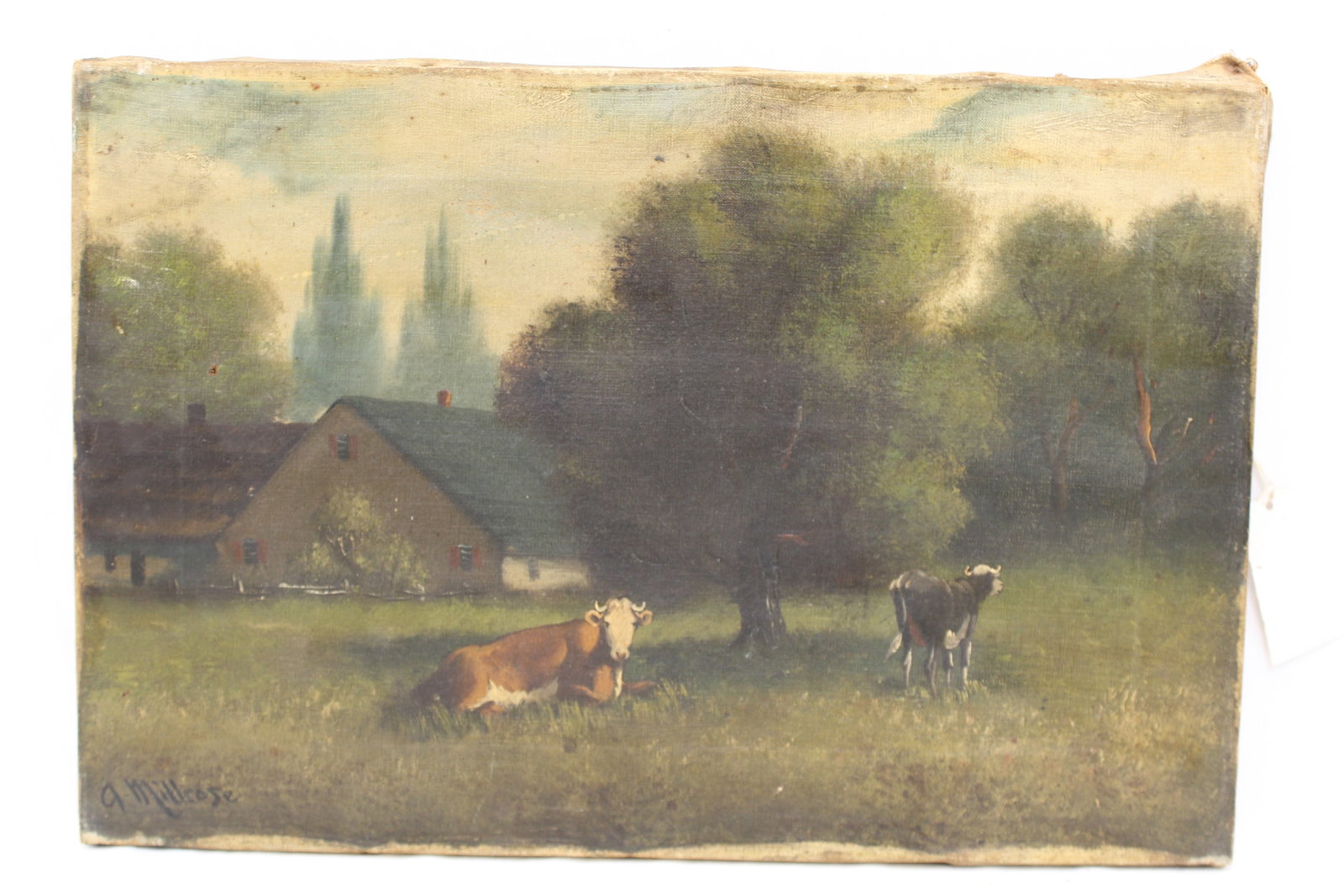 Signed A. Millrose o/c landscape w house & cows in field - unframed 12"x16" (1 of 8)