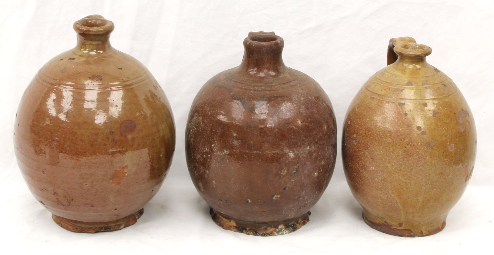 Lot of 3 antique redware jugs - 1 missing handle - 9 1/2", 9" & 8 1/2" tall (1 of 12)