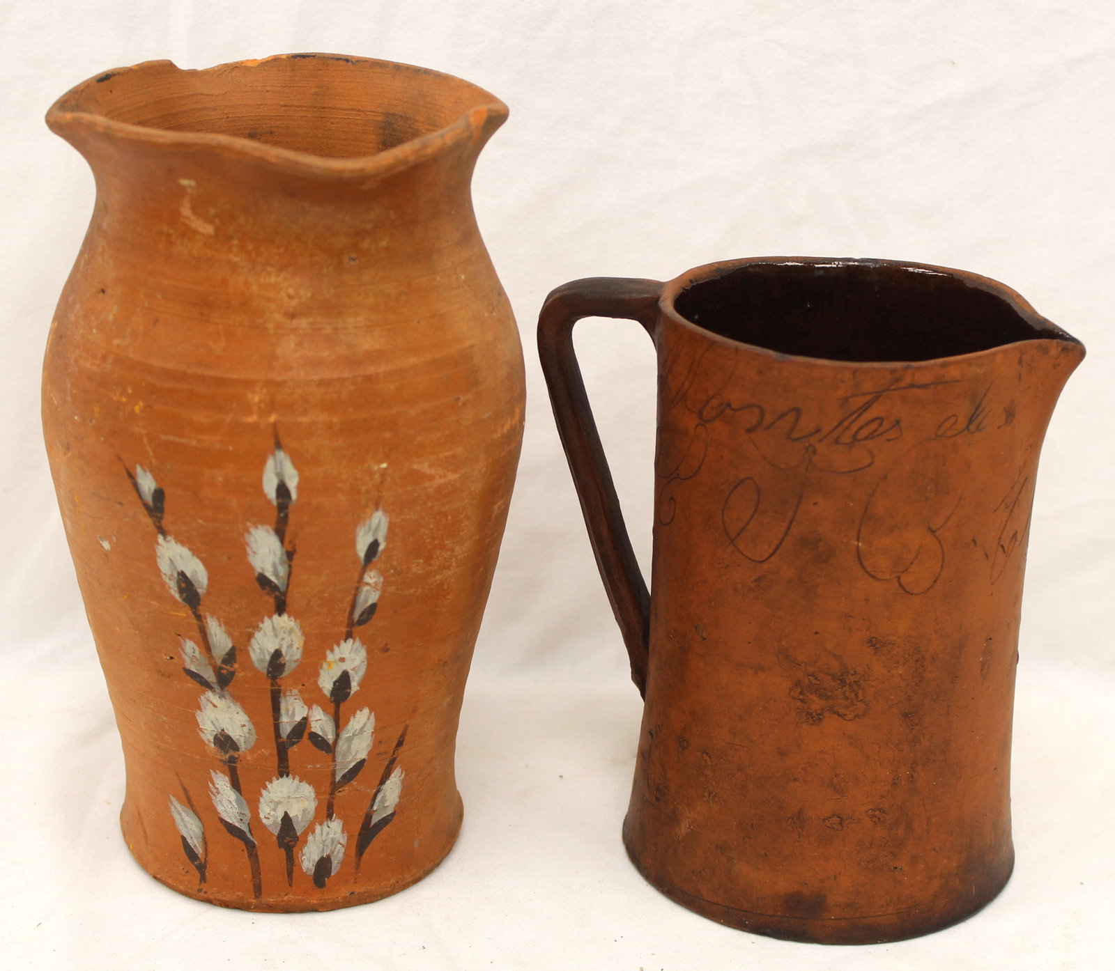 Lot of 2 antique redware items pitcher & vase w pussy willow painted dec - 6 1/2" & 8 1/2" tall
