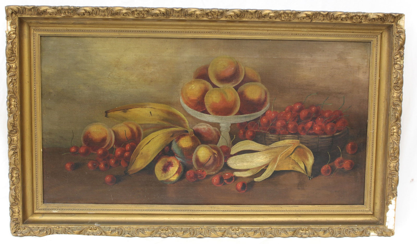 Antique o/c still life w compote of fruit on a table - overall framed size 19 1/2"x33 1/2" (1 of 6)