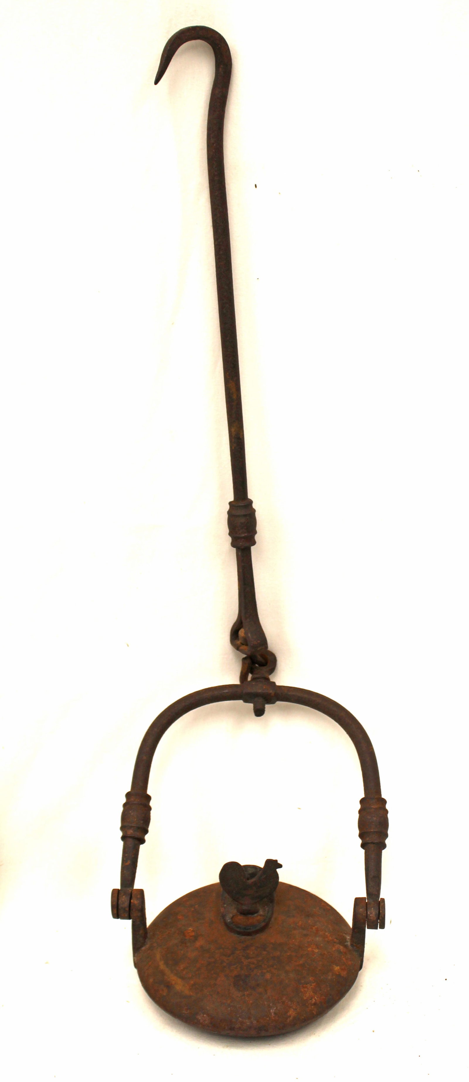 Antique cast iron hanging oil lamp w rooster finial - 20 1/2" tall x 4" diam: Antique cast iron hanging oil lamp w rooster finial - 20 1/2" tall x 4" diam