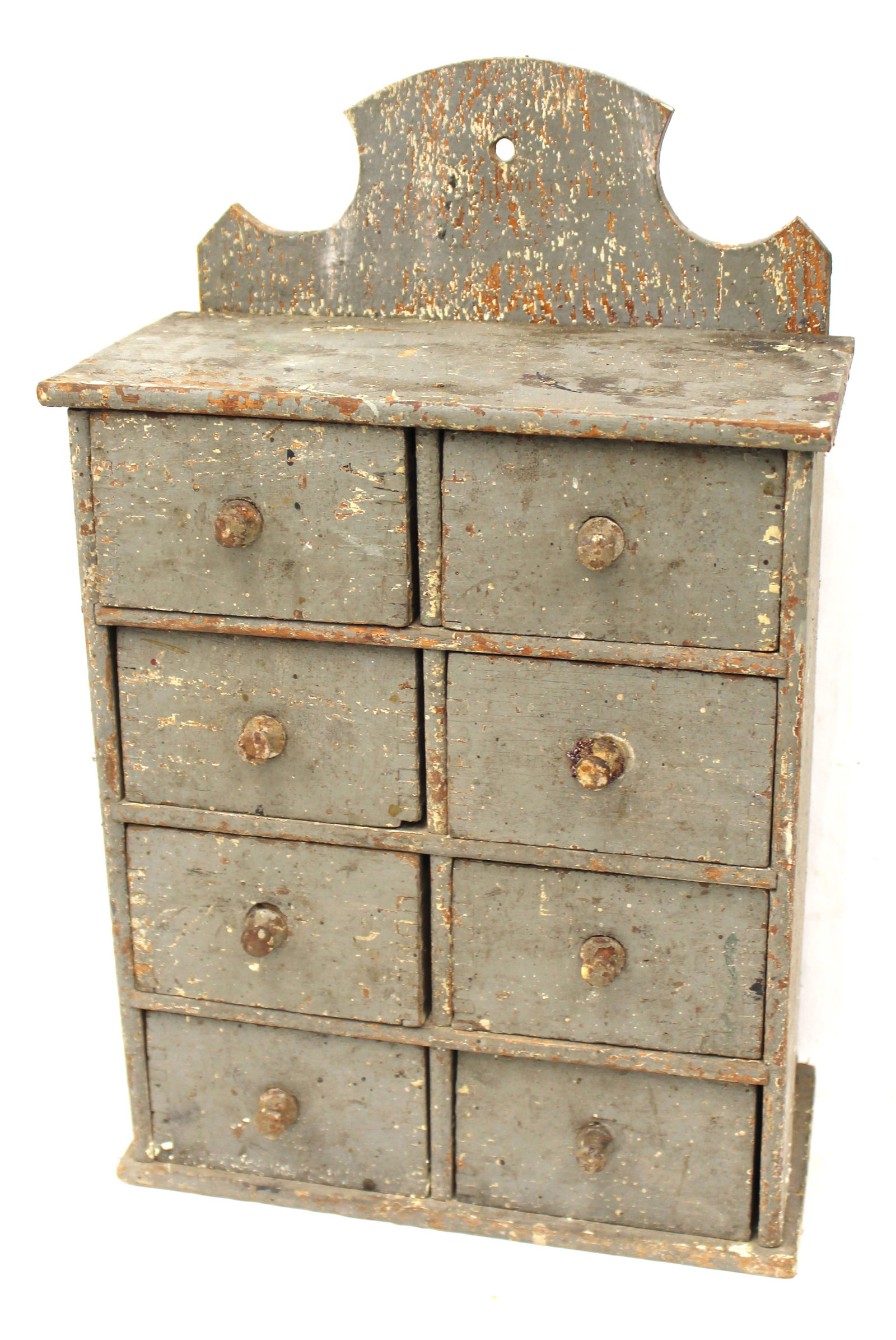 Antique 8 drawer spice chest in gray paint - 17" tall x 10 1/2" wide x 5 1/2" deep (1 of 6)