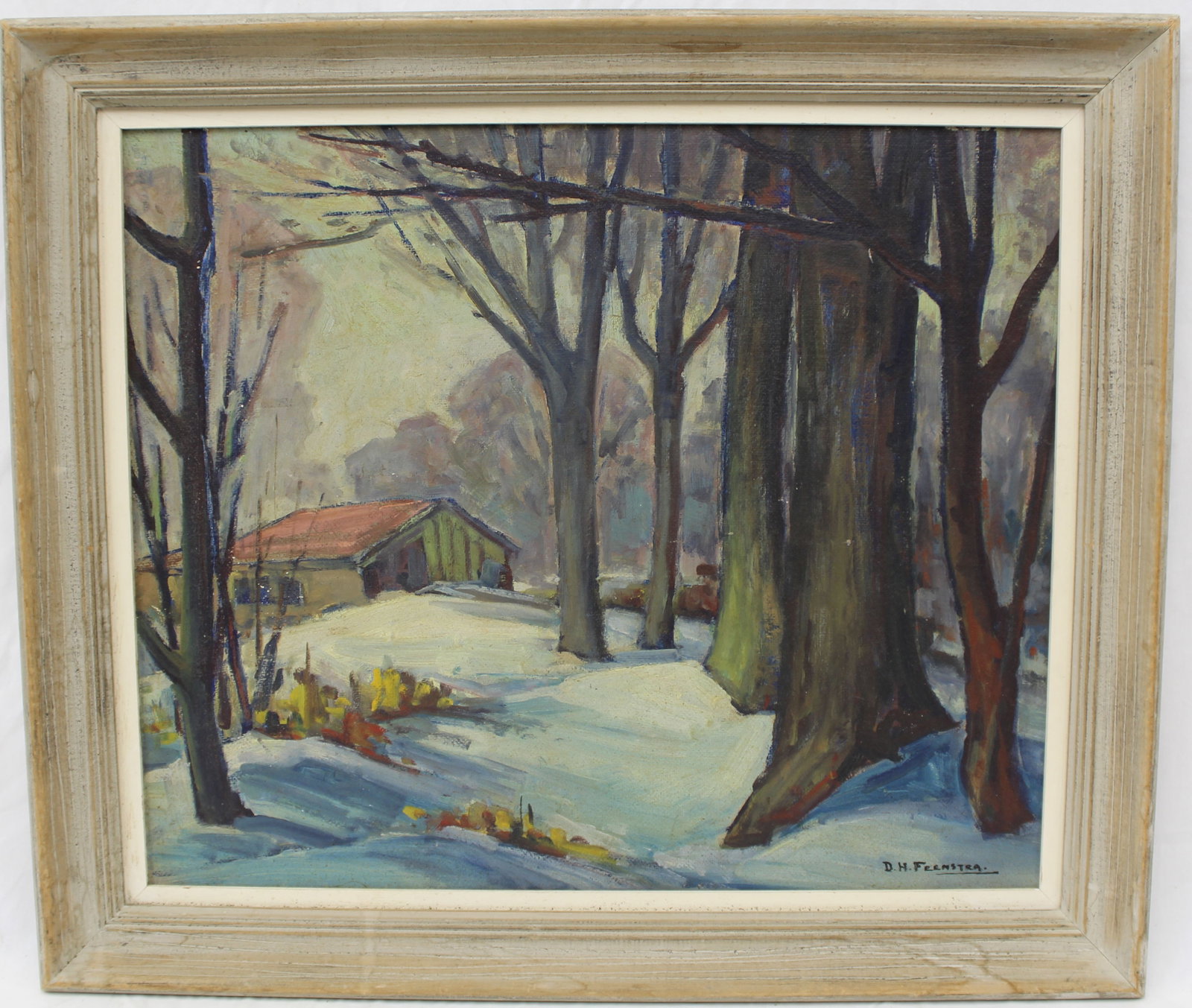 Signed DH Feenstra o/bd winter scene w house & trees - overall framed size 25"x28" (1 of 8)