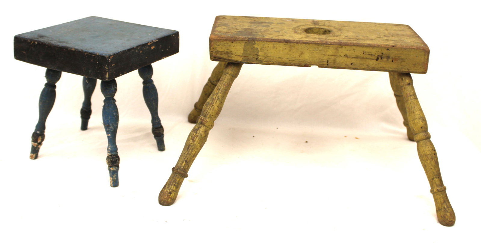 Lot of 2 antique wooden painted splayed leg cricket stools in yellow & blue/black paint - 9"x8"x7 (1 of 6)
