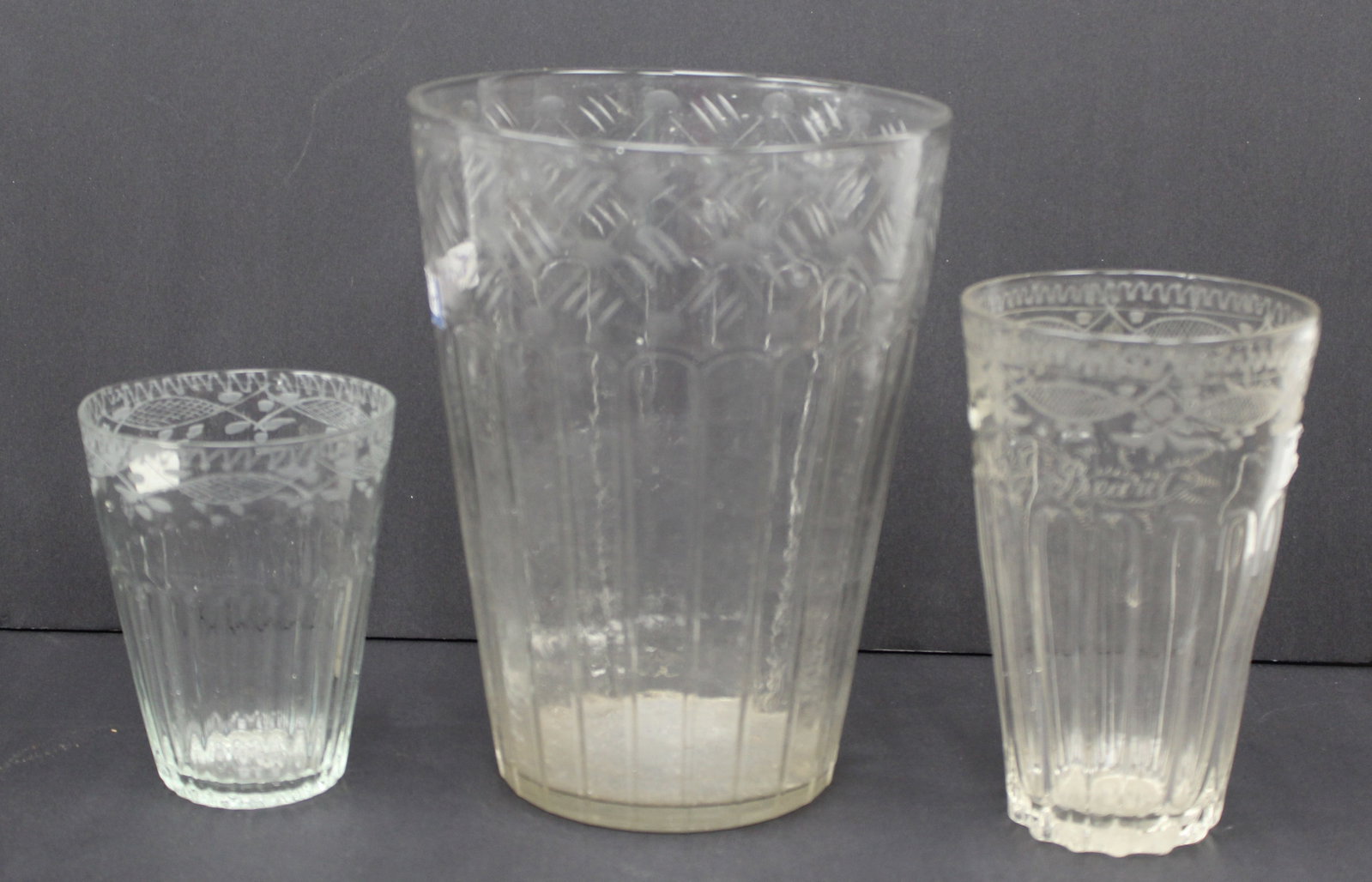 Lot of 3 early etched flip glasses - 4 1/2", 6 1/2" & 8 1/2" tall (1 of 10)