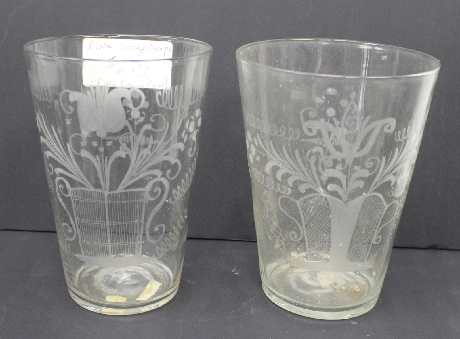 Lot of 2 early etched flip glasses - 8" tall (1 of 7)