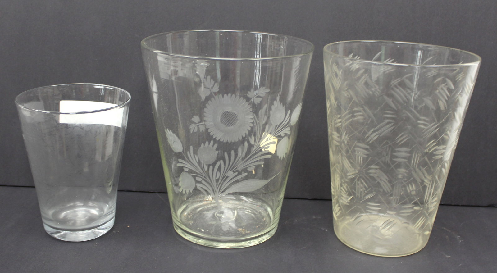 Lot of 3 early etched flip glasses - 6" - 8 1/2" tall (1 of 7)