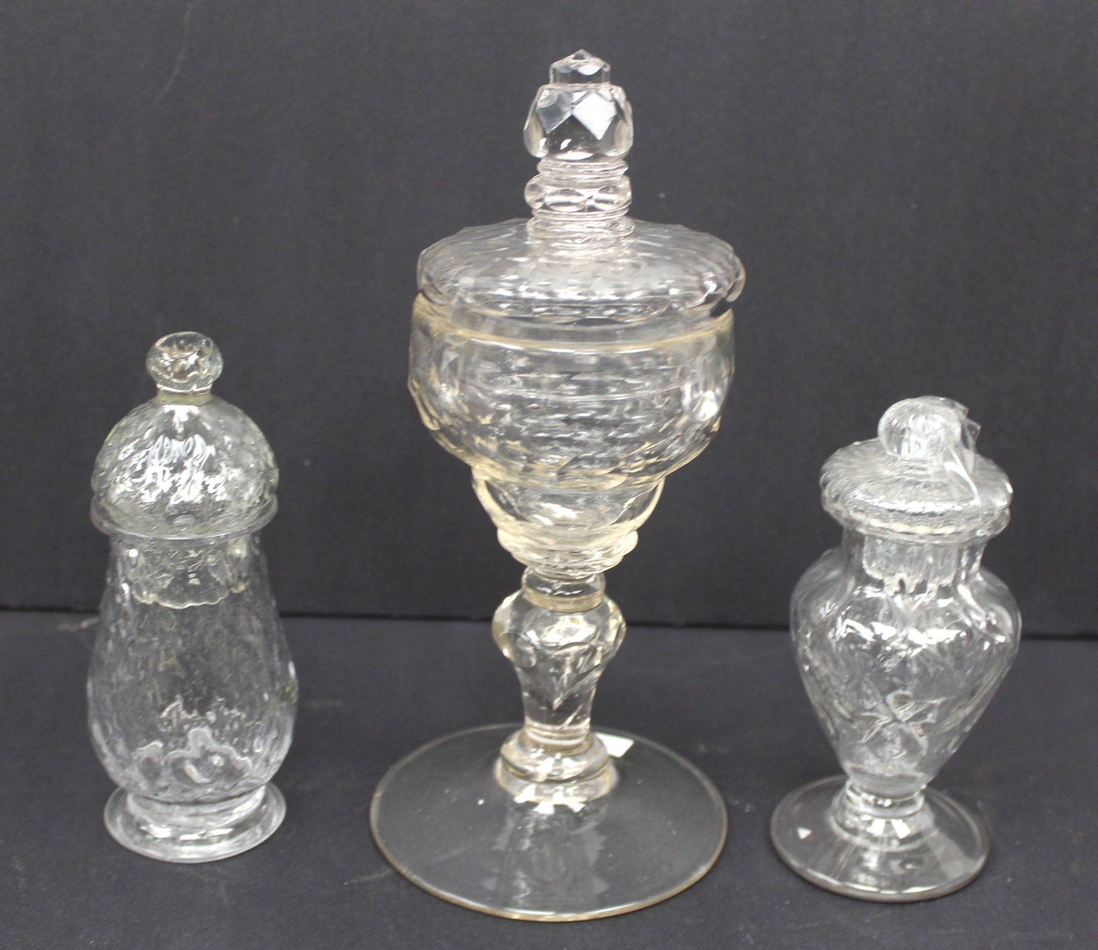 Lot of 3 early clear glass compotes - 4 1/2", 6 1/2" & 8 1/2" tall: Lot of 3 early clear glass compotes - 4 1/2", 6 1/2" & 8 1/2" tall