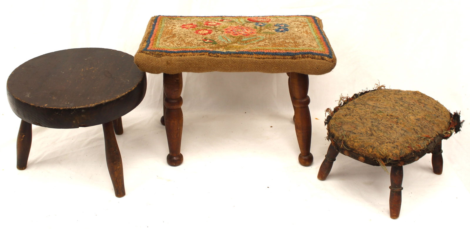Lot of 3 antique footstools incl 2 w upholstered top - 6", 8" & 10" tall (1 of 5)