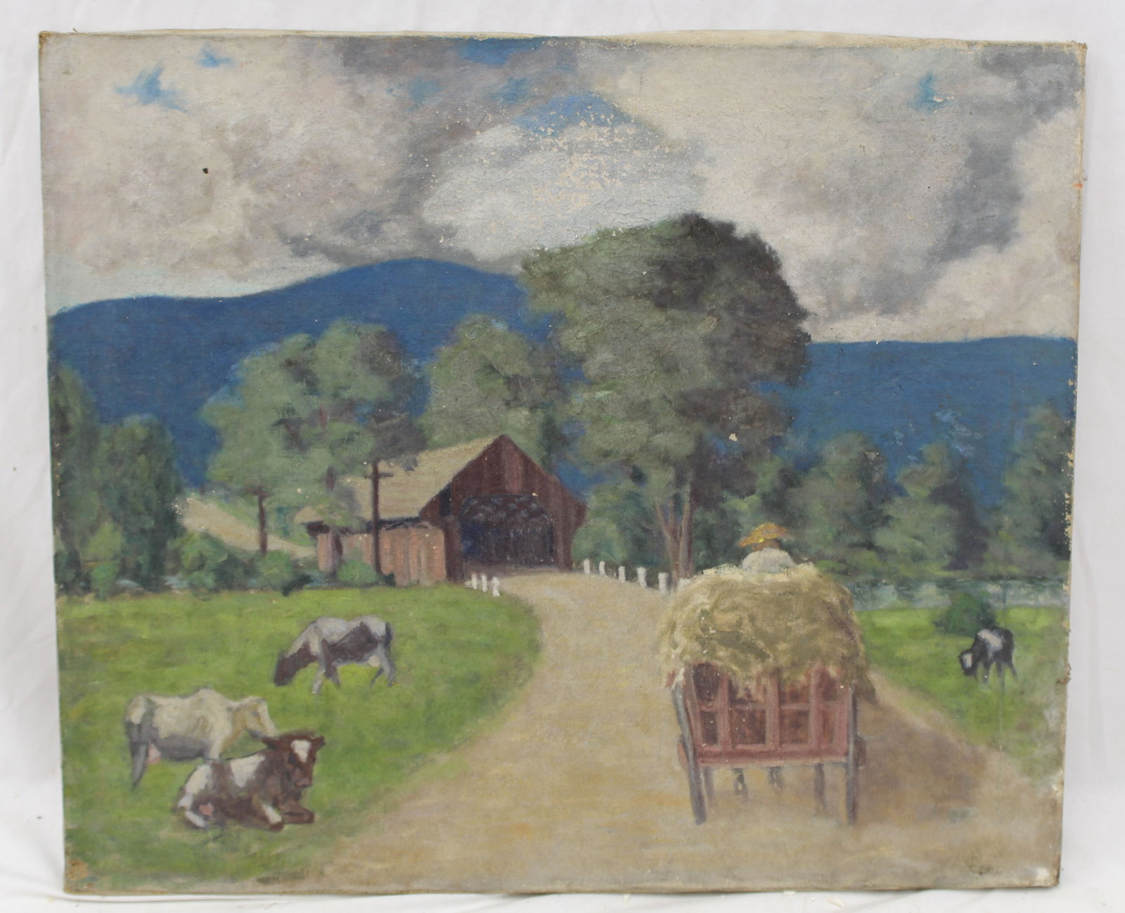Antique o/c landscape w country road, covered bridge, hay wagon & cows - unframed 20"x24" (1 of 7)