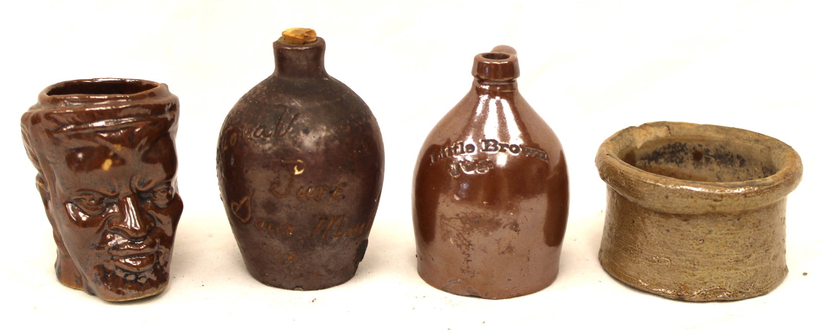 Lot of 4 miniature stoneware items - 2 jugs, a face pitcher & a salt - 1 1/2" - 2 3/4" tall: Lot of 4 miniature stoneware items - 2 jugs, a face pitcher & a salt - 1 1/2" - 2 3/4" tall