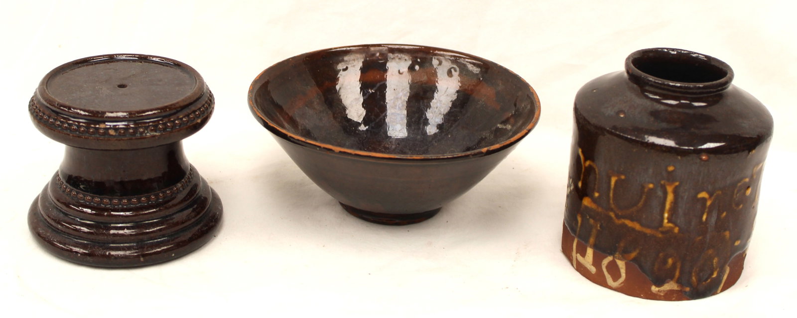 Lot of 3 antique small redware items incl bowl, pedestal & tea caddy - 3"-4" tall (1 of 8)