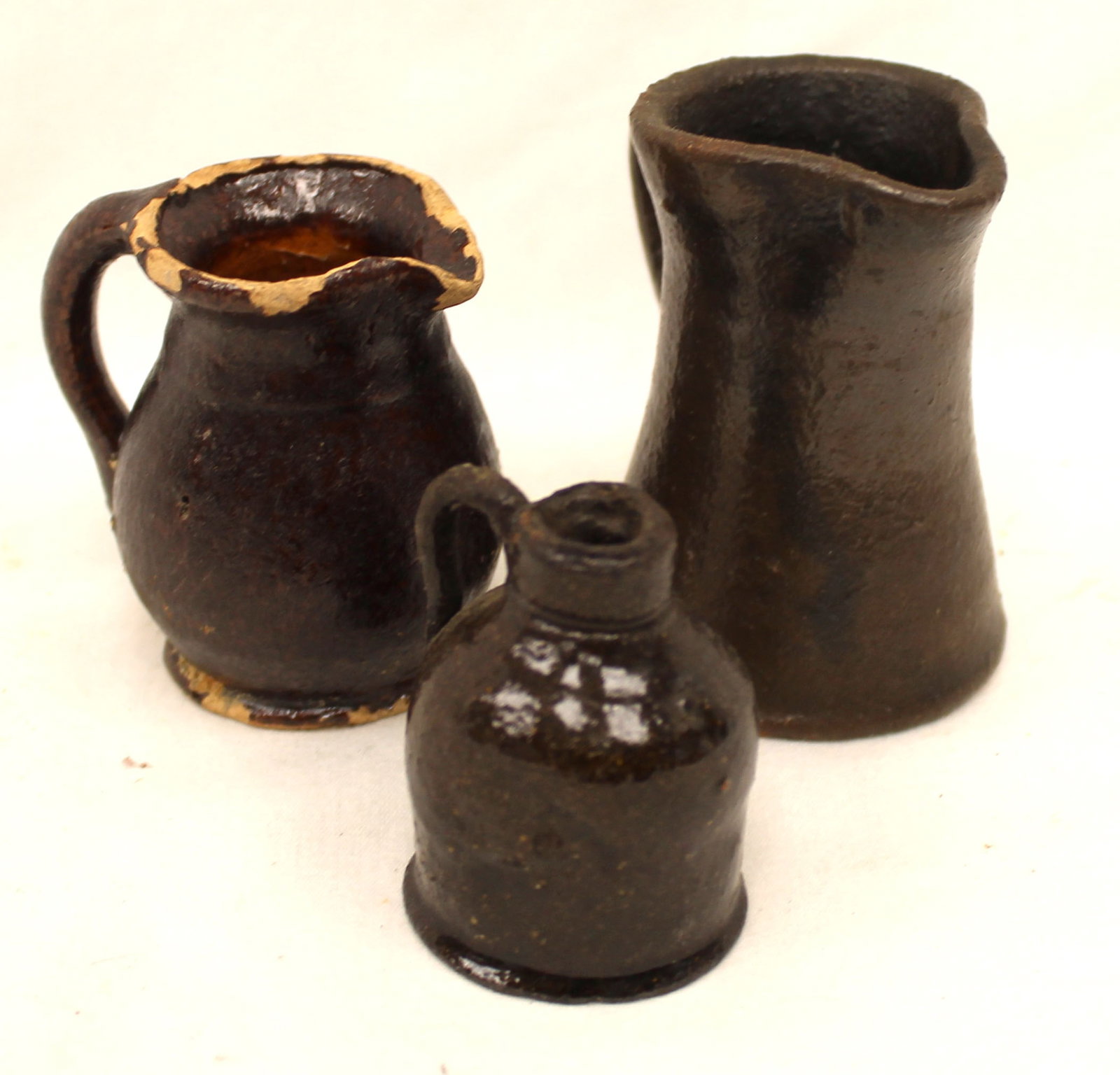 Lot of 3 miniature redware items - jug & pitchers - 1 1/2"-2 1/2" tall (1 of 4)