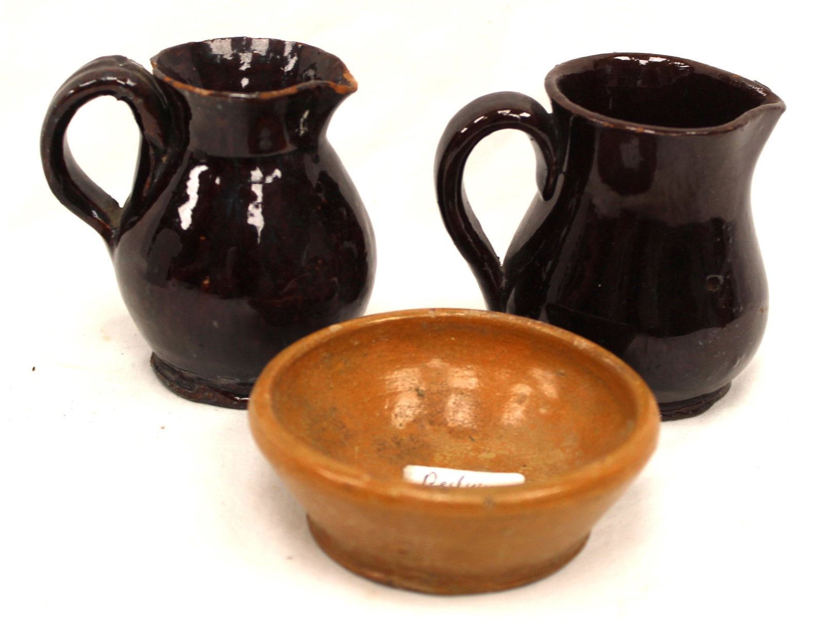 Lot of 3 miniature redware items - salt & pitchers - 1 1/2" - 2 3/4" tall (1 of 6)