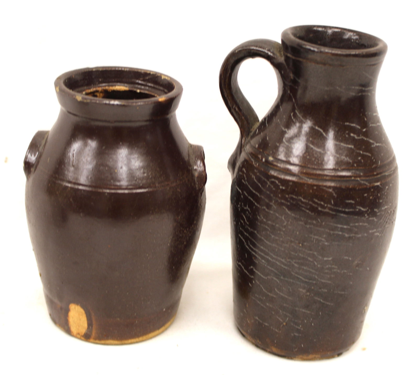 Lot of 2 antique small stoneware items - jar & pitcher - 5" & 6" tall (1 of 5)