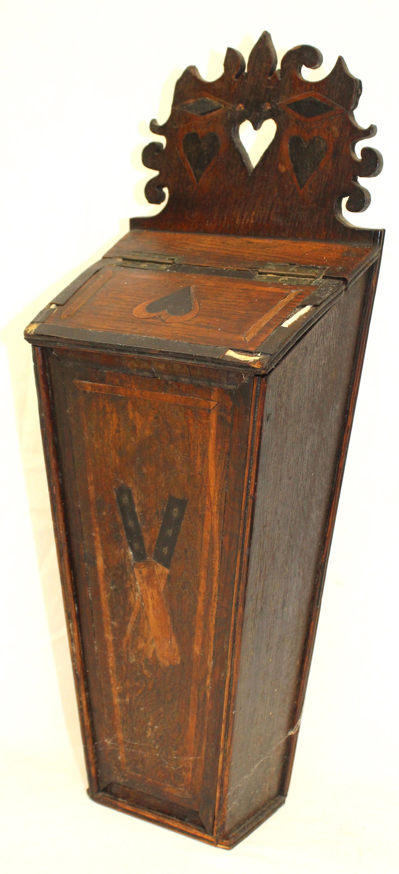 Antique pipe/knife box w inlaid heart decoration & heart cutout on top - 20" tall x 6"x6" (1 of 10)