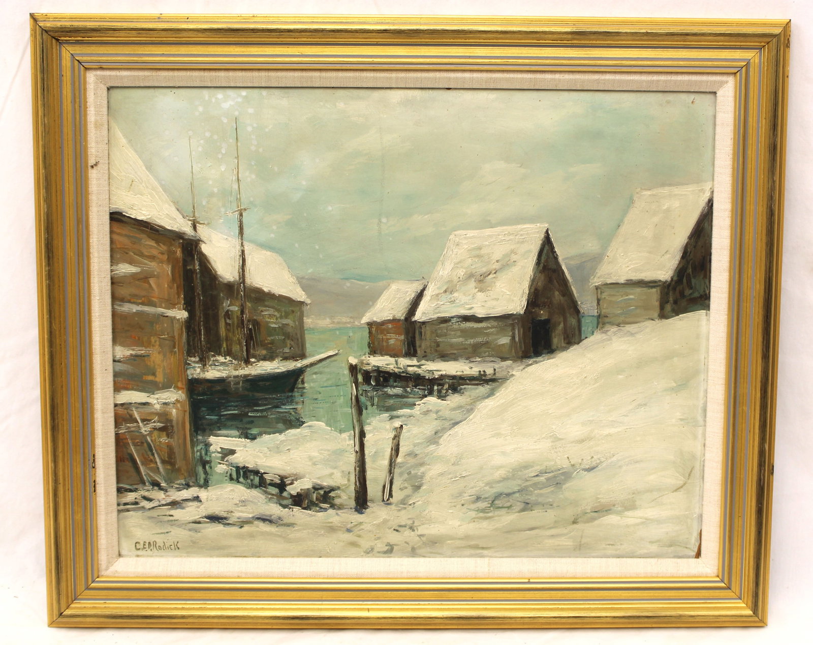Signed CE Rodick o/bd winter harbor scene w sailboat & buildings - overall framed size 20"x24" (1 of 7)