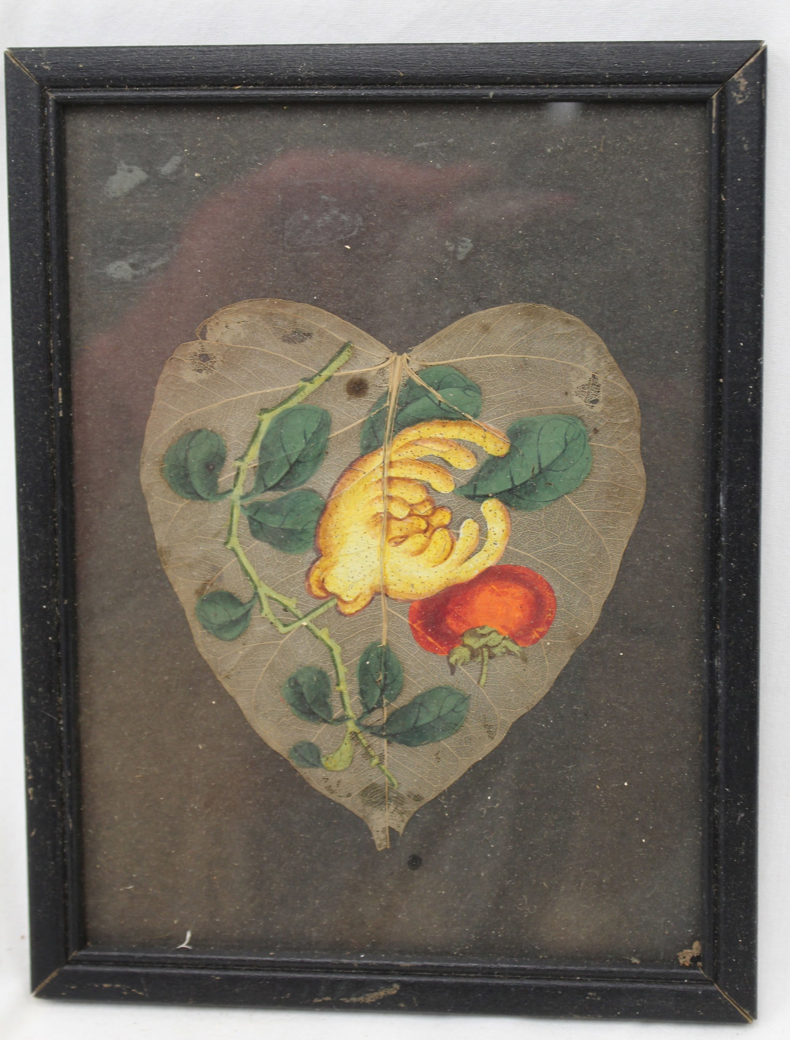 Antique small framed heart shaped leaf w Buddha's hand citron & persimmon paint decoration- overall: Antique small framed heart shaped leaf w Buddha's hand citron & persimmon paint decoration- overall framed size 8 1/2"x6 3/4"