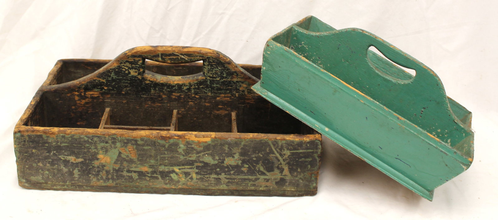 Lot of 2 antique wooden utility carriers in green paint - 1 w divided interior - 13" tall x 7