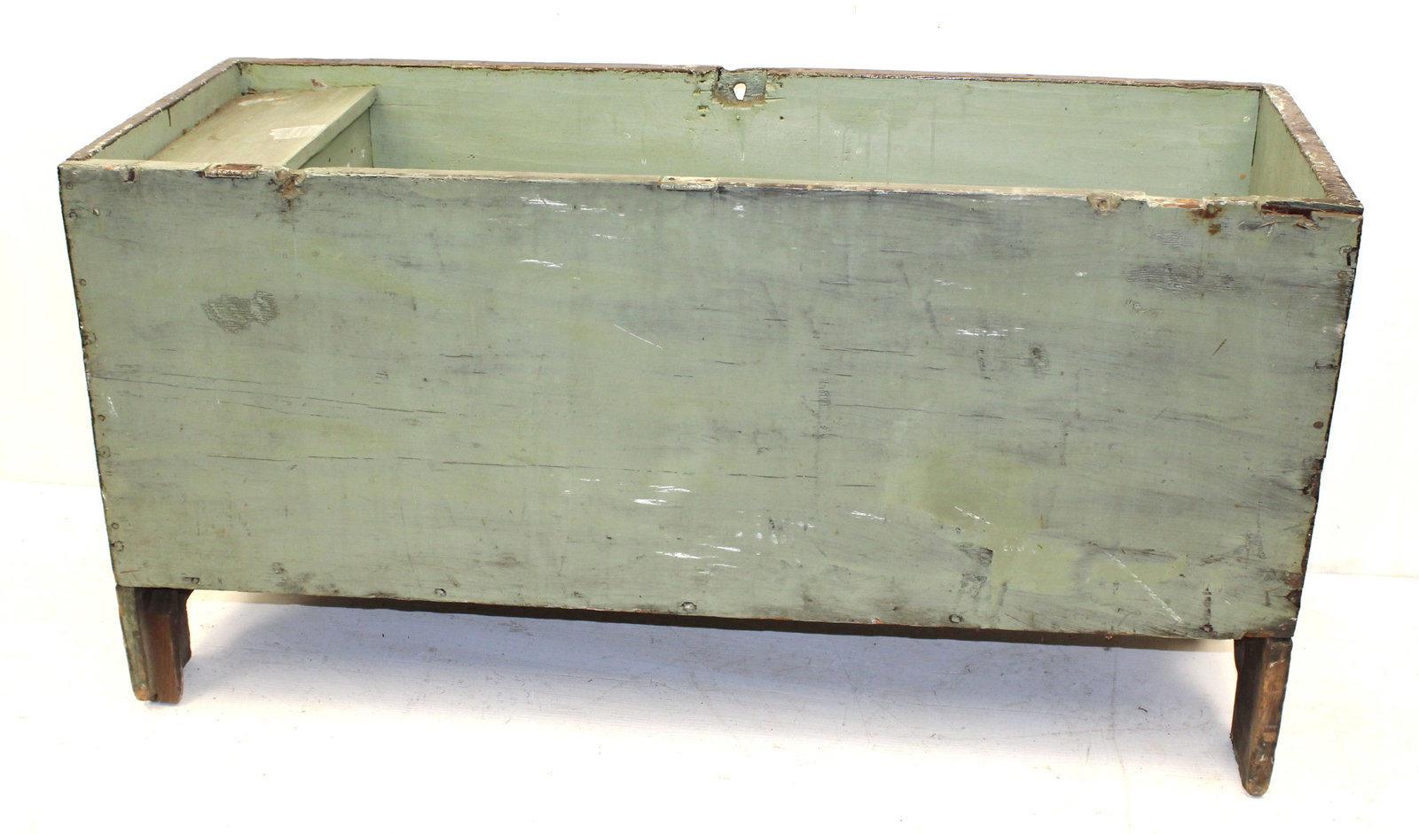 Antique blanket chest w bootjack ends in green & brown paint - missing lid - 25" tall x 48"x18": Antique blanket chest w bootjack ends in green & brown paint - missing lid - 25" tall x 48"x18"