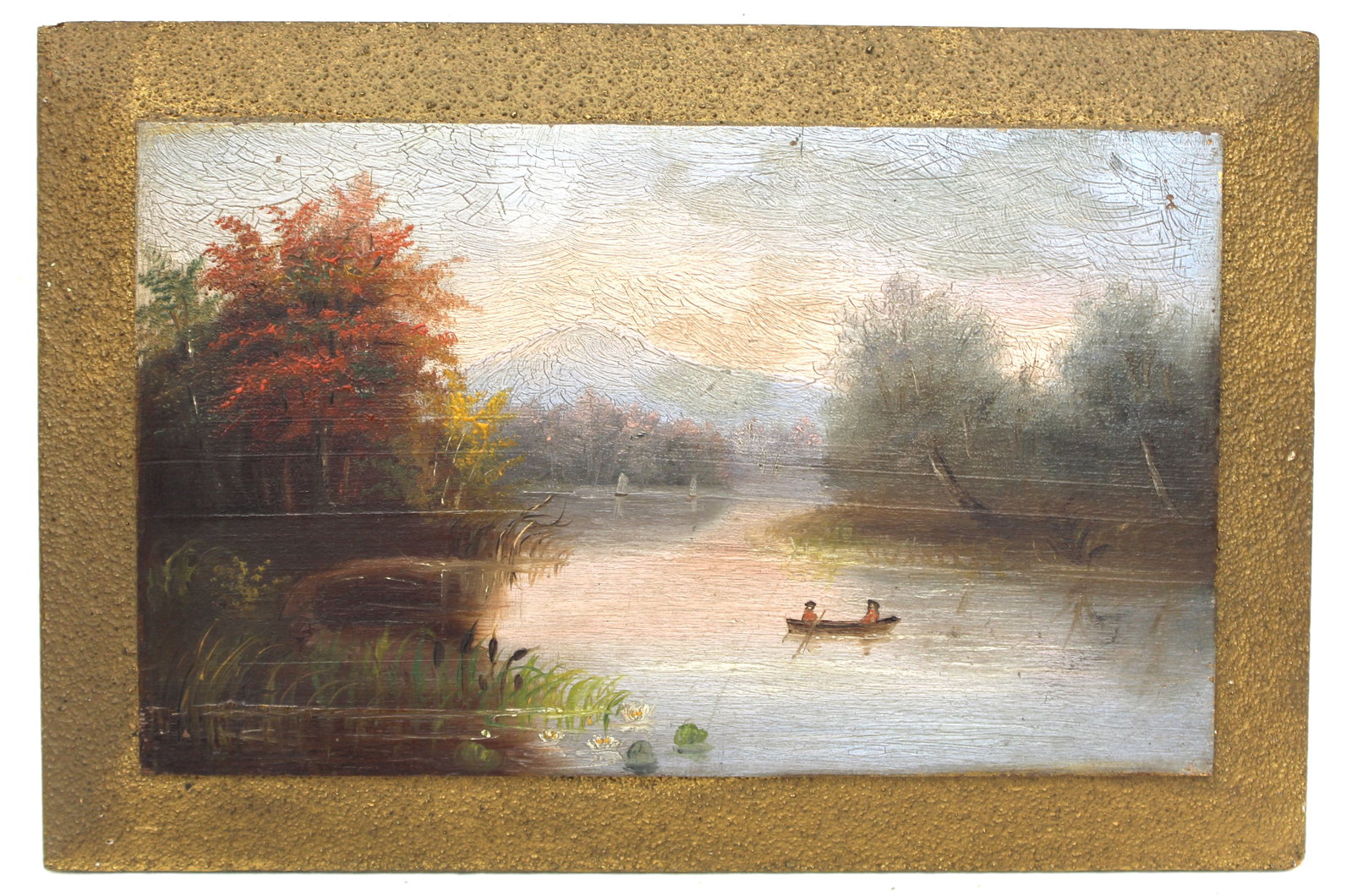 Antique o/bd lake scene w people in a canoe - overall framed size 8"x12": Antique o/bd lake scene w people in a canoe - overall framed size 8"x12"