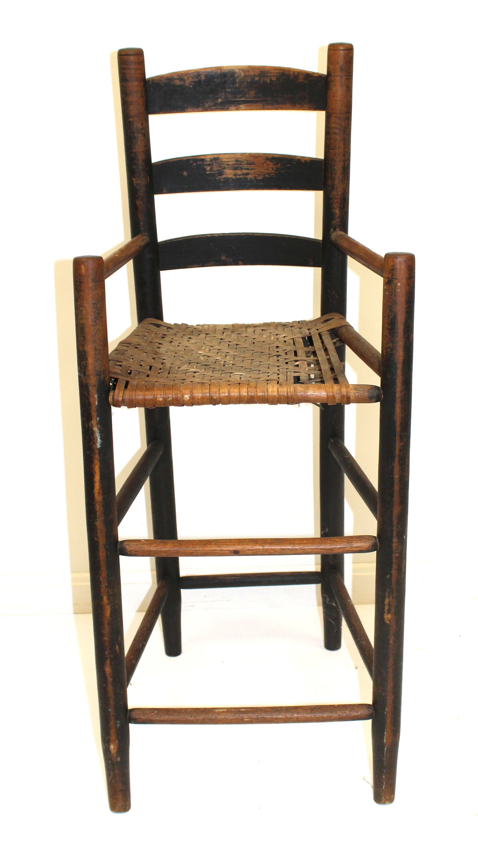 Antique ladderback youth chair in black paint w splint seat - 36" tall x 14 1/2" wide x 12" deep (1 of 7)