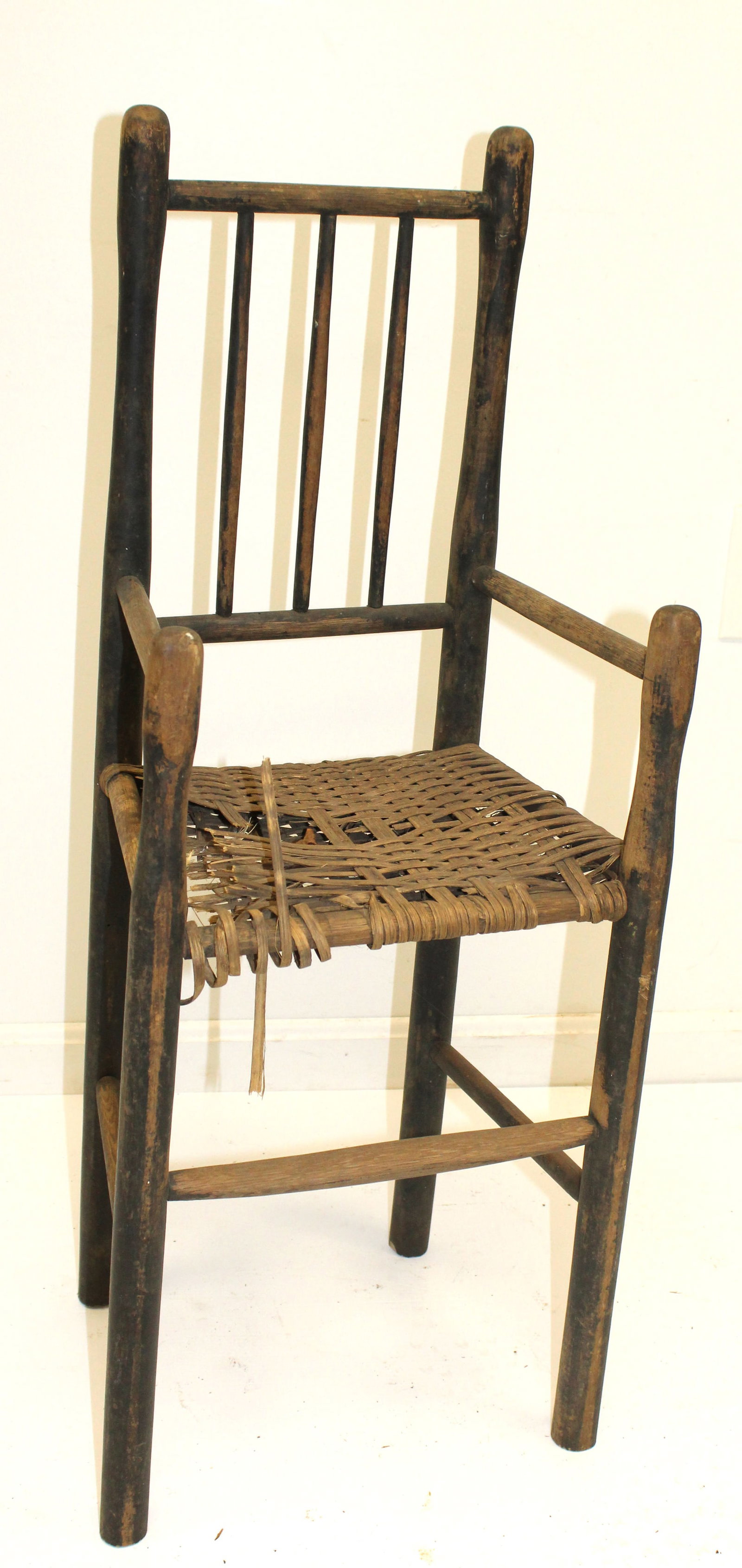 Antique spindle back youth chair w splint seat - 36" tall x 13 1/2" wide x 11" deep (1 of 6)