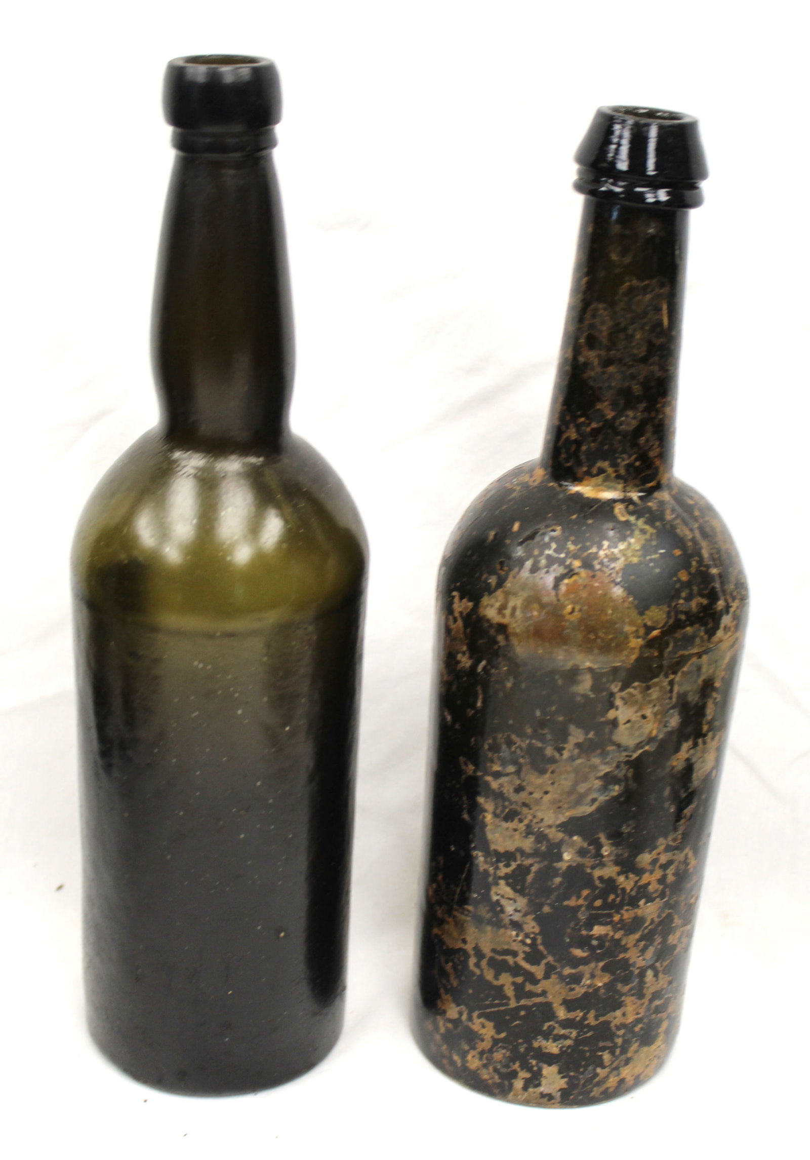 Lot of 2 early dark green/black glass long neck bottles - 11"-11 1/2" tall: Lot of 2 early dark green/black glass long neck bottles - 11"-11 1/2" tall
