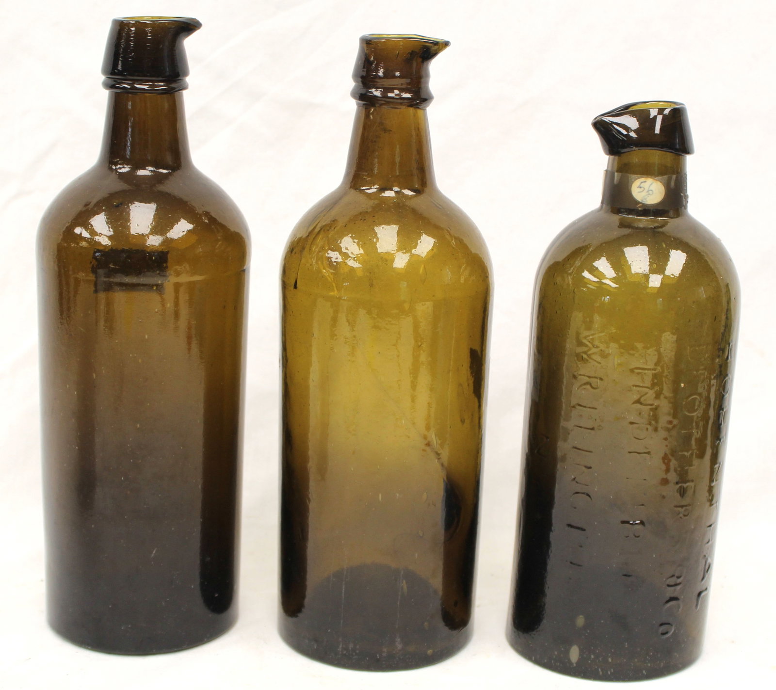 Lot of 3 early green/amber glass bottles w spout tops - 8 1/2" - 9 3/4" tall (1 of 7)
