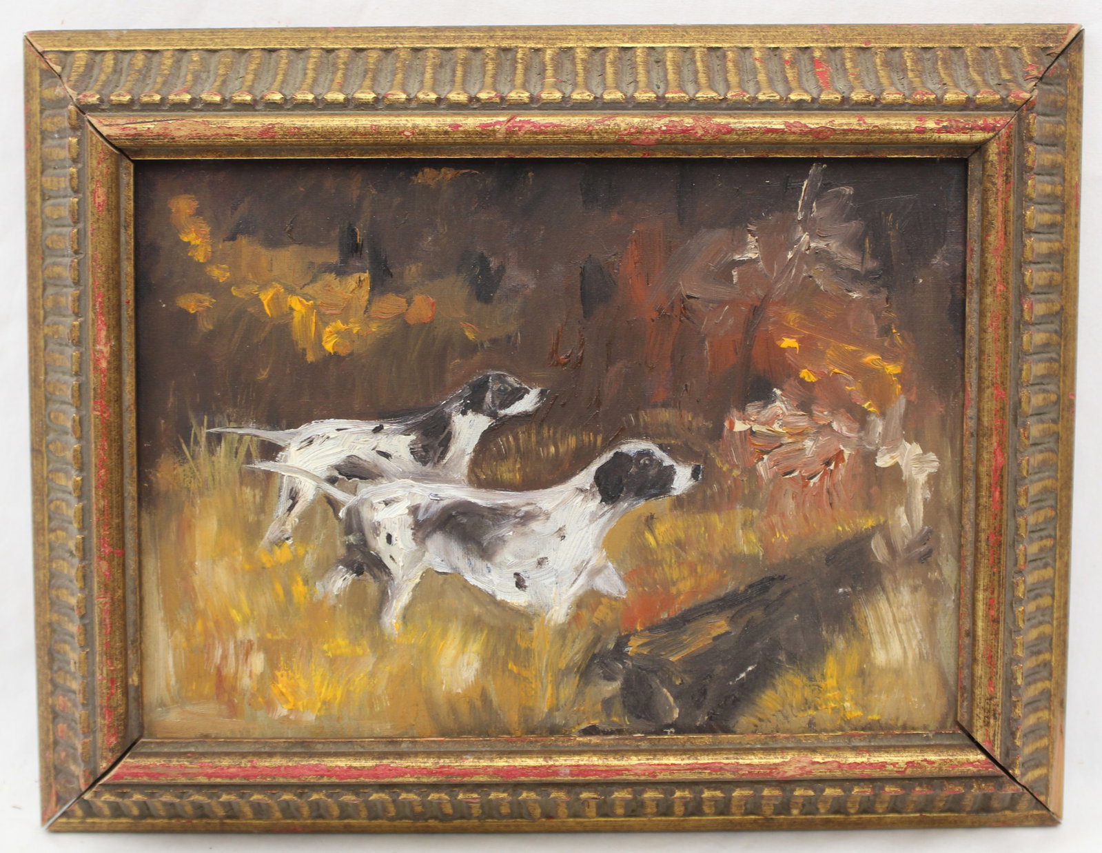 Unsigned o/c of hunting dogs in landscape - overall framed size 10"x12 1/2" (1 of 6)