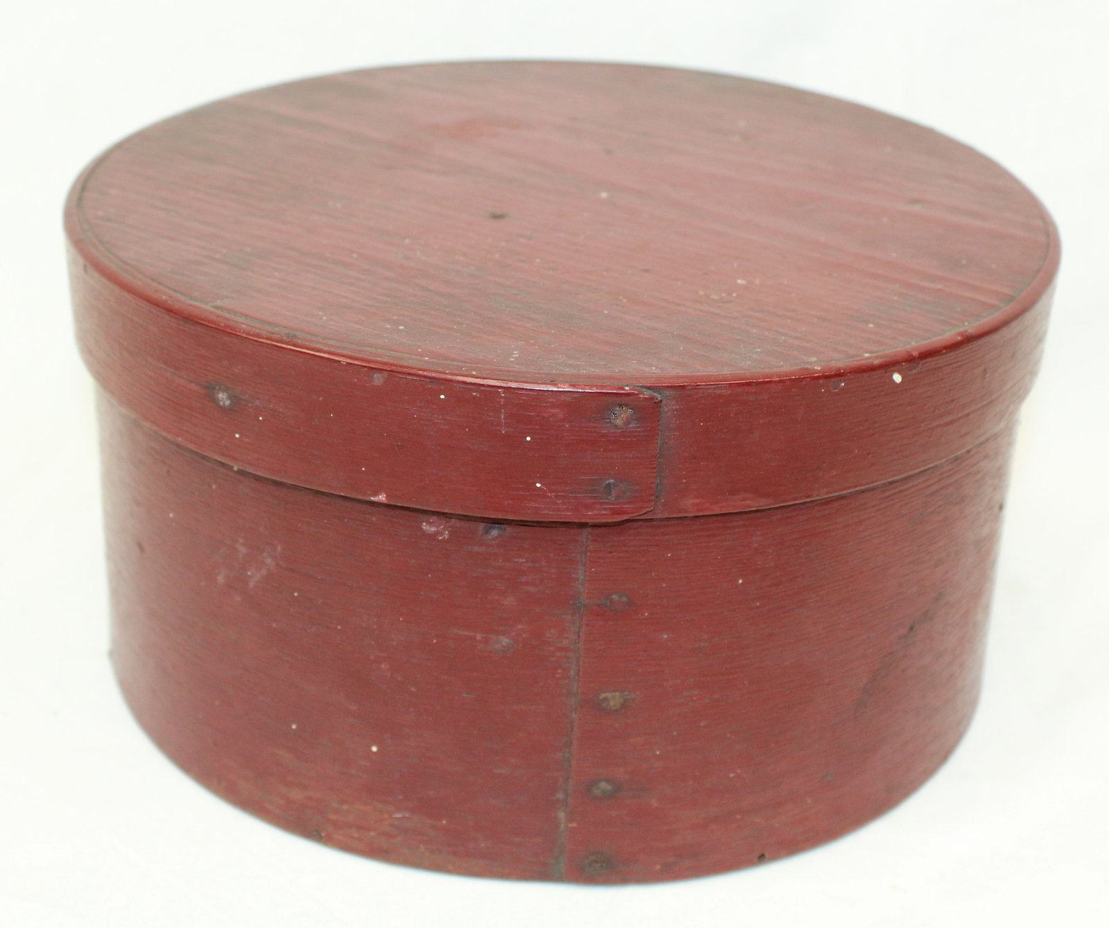 Antique round pantry box in red paint - 5 1/2" tall x 10 1/2" diam (1 of 5)