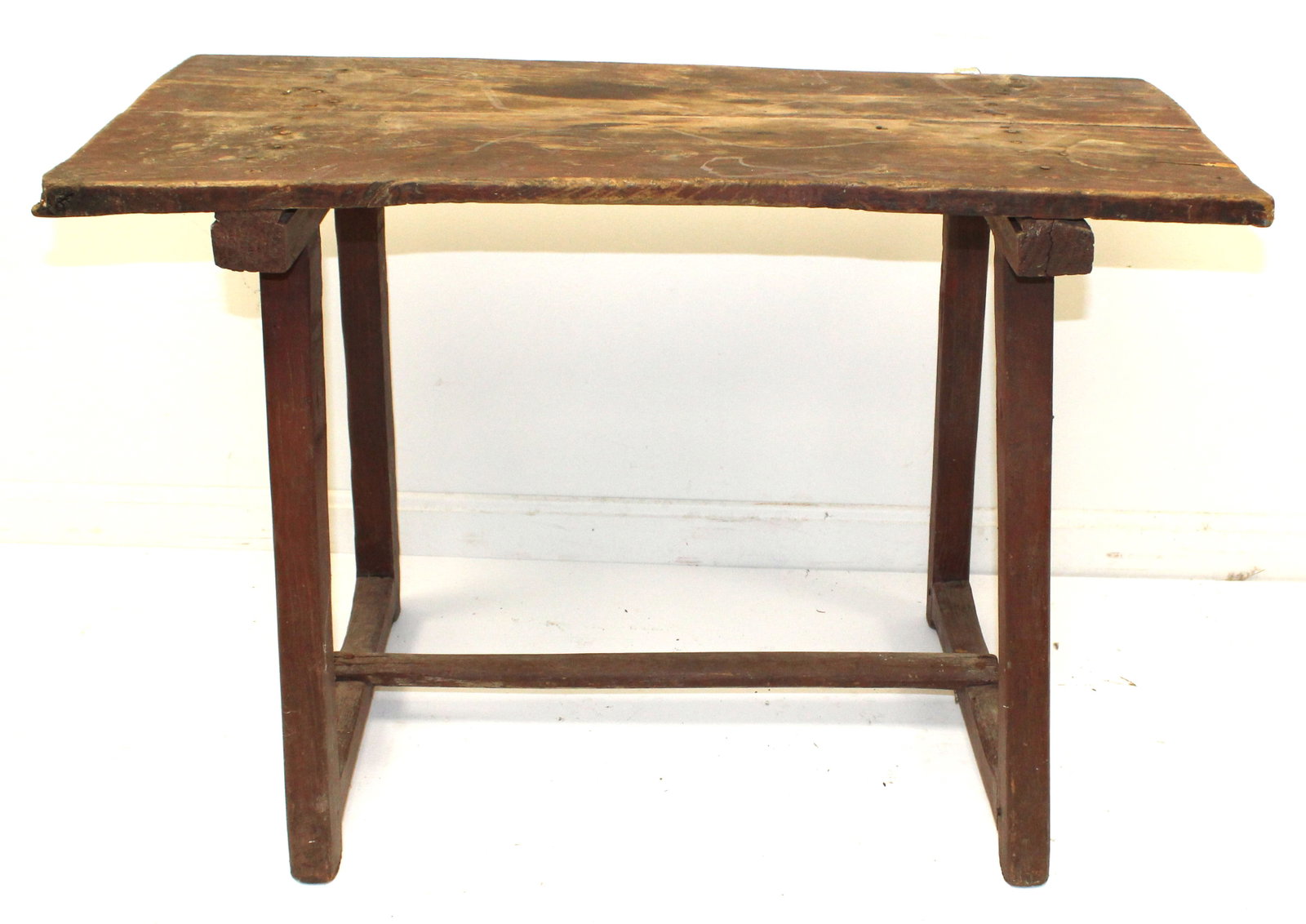 Primitive antique bench/table w scrub top & painted red base - 23" tall x 34"x17" (1 of 5)