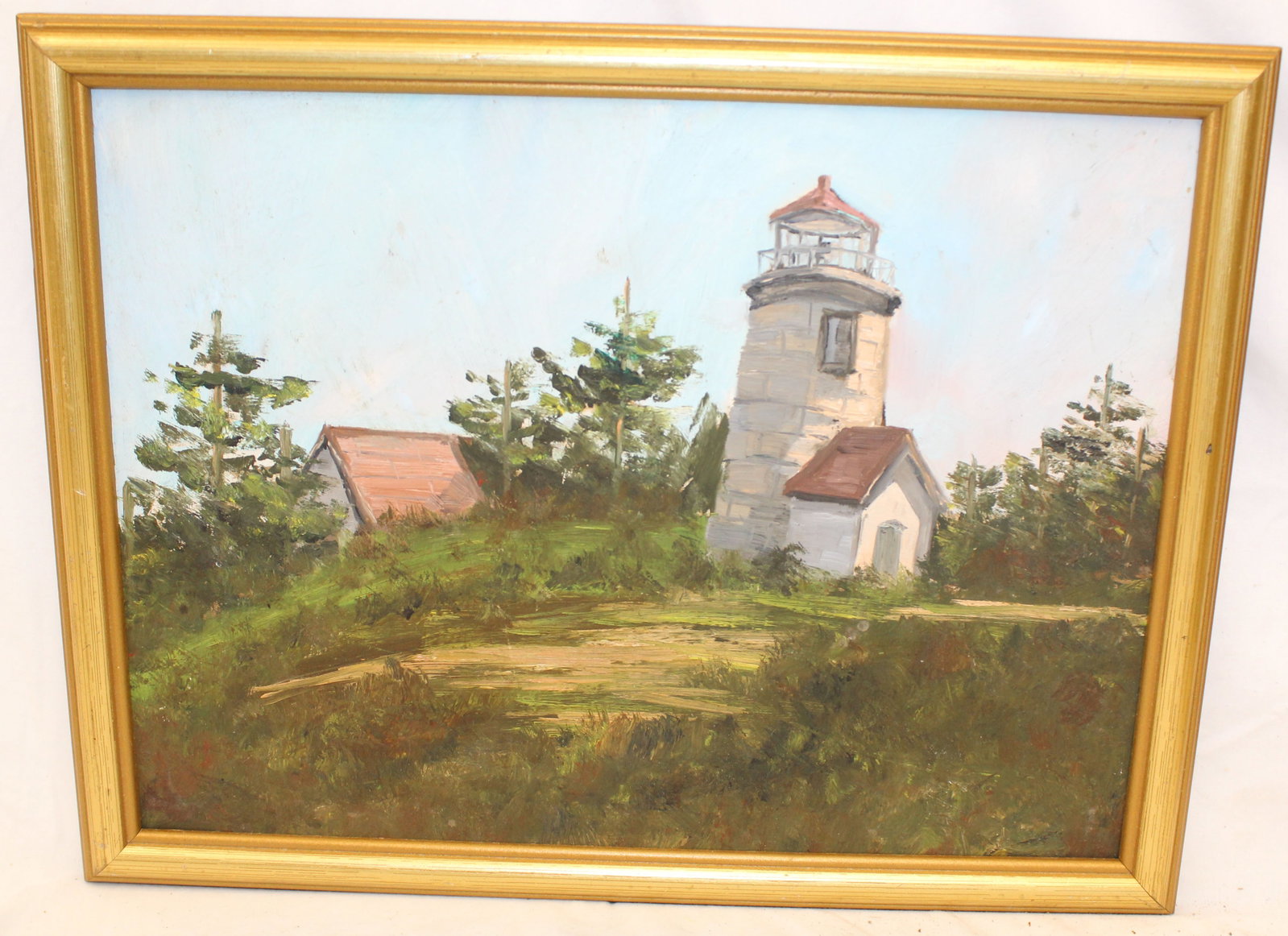 Vintage o/bd lighthouse scene - overall framed size 13 1/2"x17 1/2"