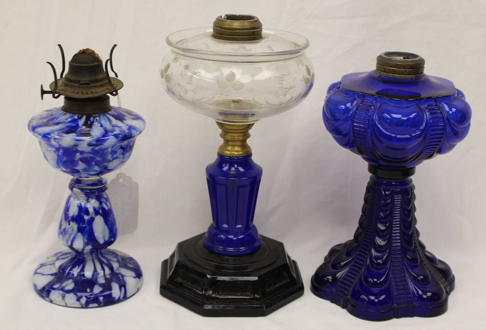 Lot of 3 cobalt glass kerosene oil lamps - 8 1/2"-11" tall (1 of 9)
