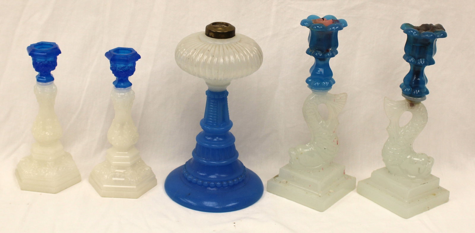 Lot of blue & opalescent lighting incl whale oil & 2 pairs of candlesticks - 8 1/2"-10 1/2" tall (1 of 8)