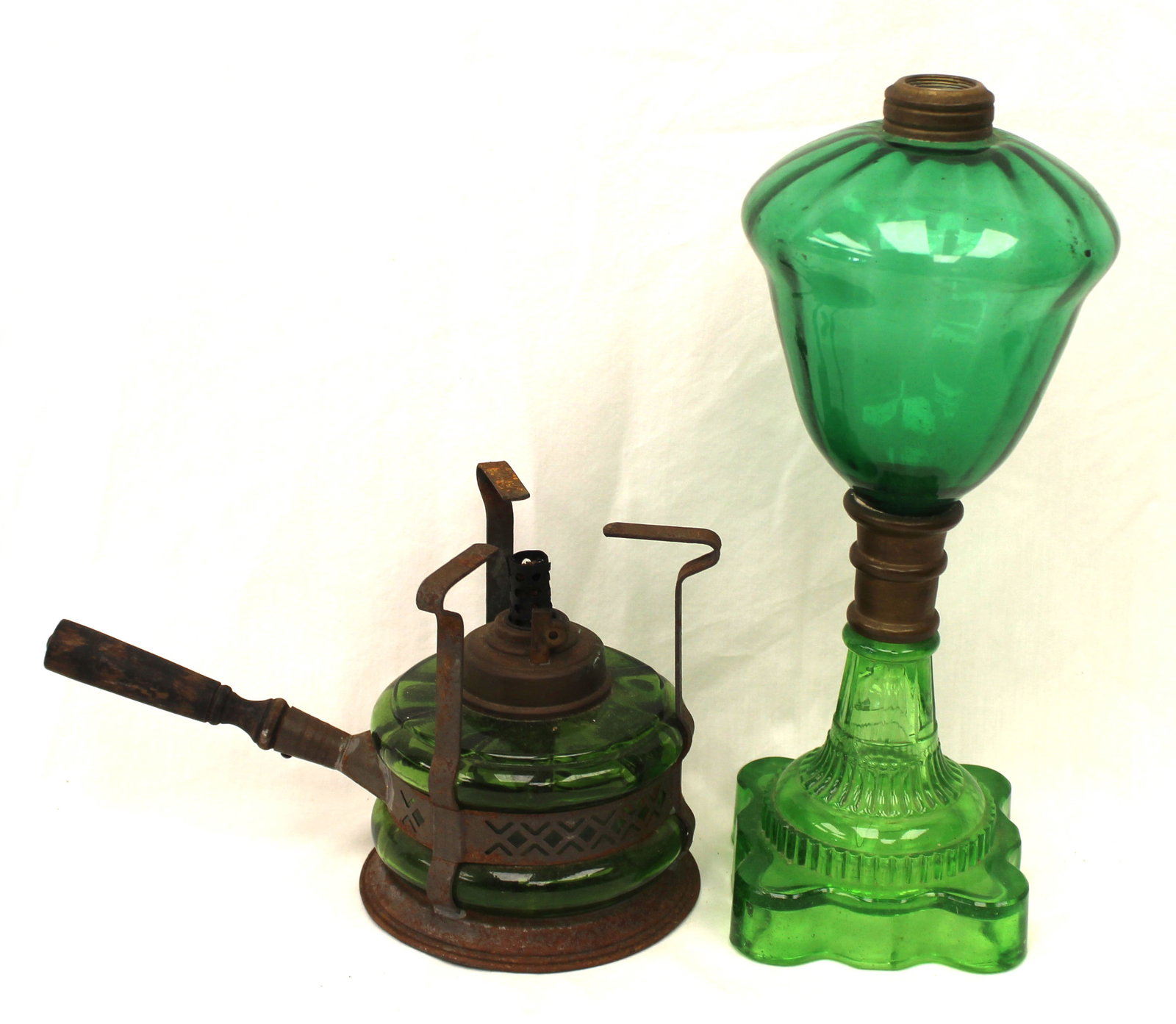 Lot of 2 green glass kerosene lamps - 6"x10" diam & 11" tall: Lot of 2 green glass kerosene lamps - 6"x10" diam & 11" tall