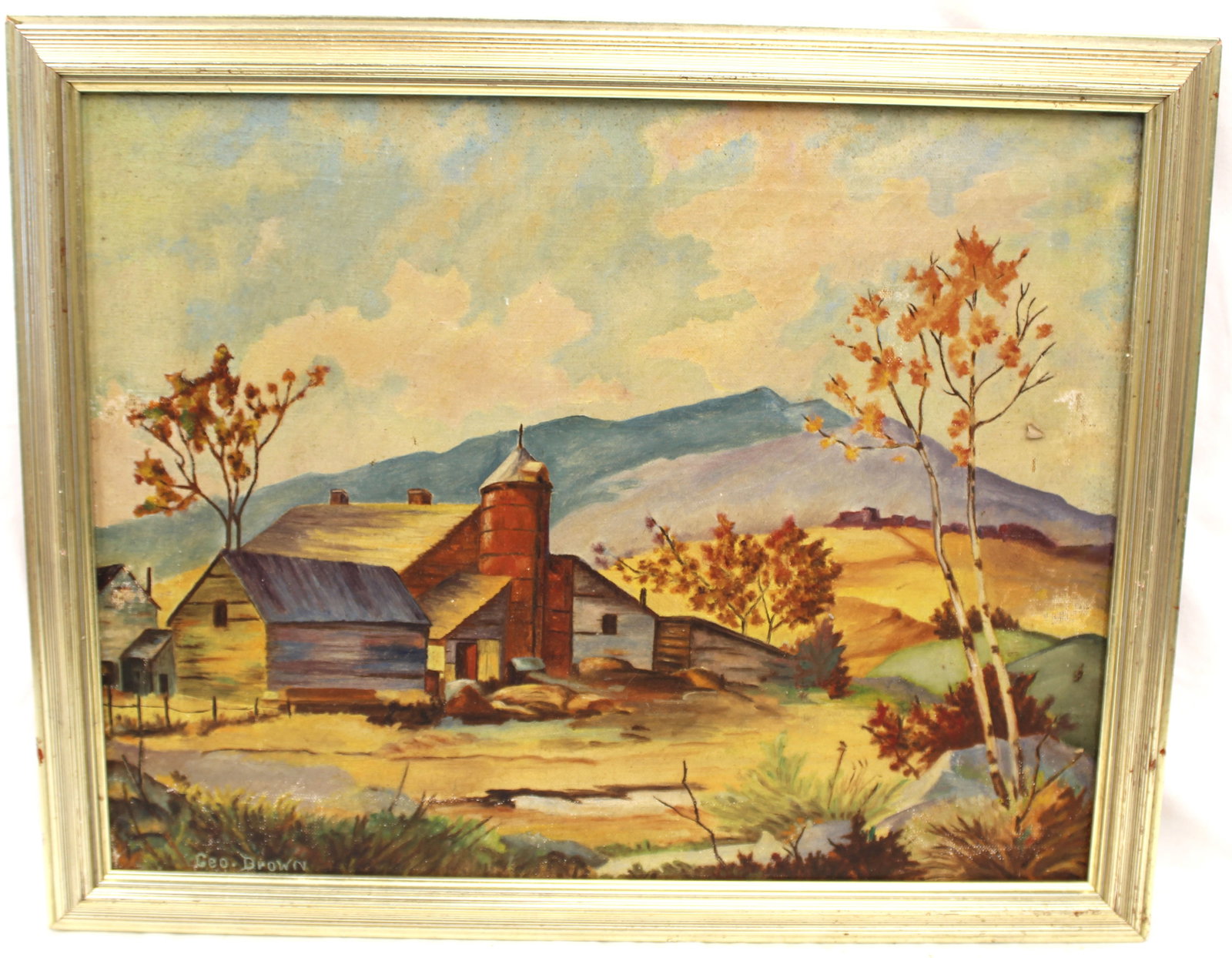 Signed Geo. Brown o/c autumn landscape w farm & mountains in background - overall framed size (1 of 8)