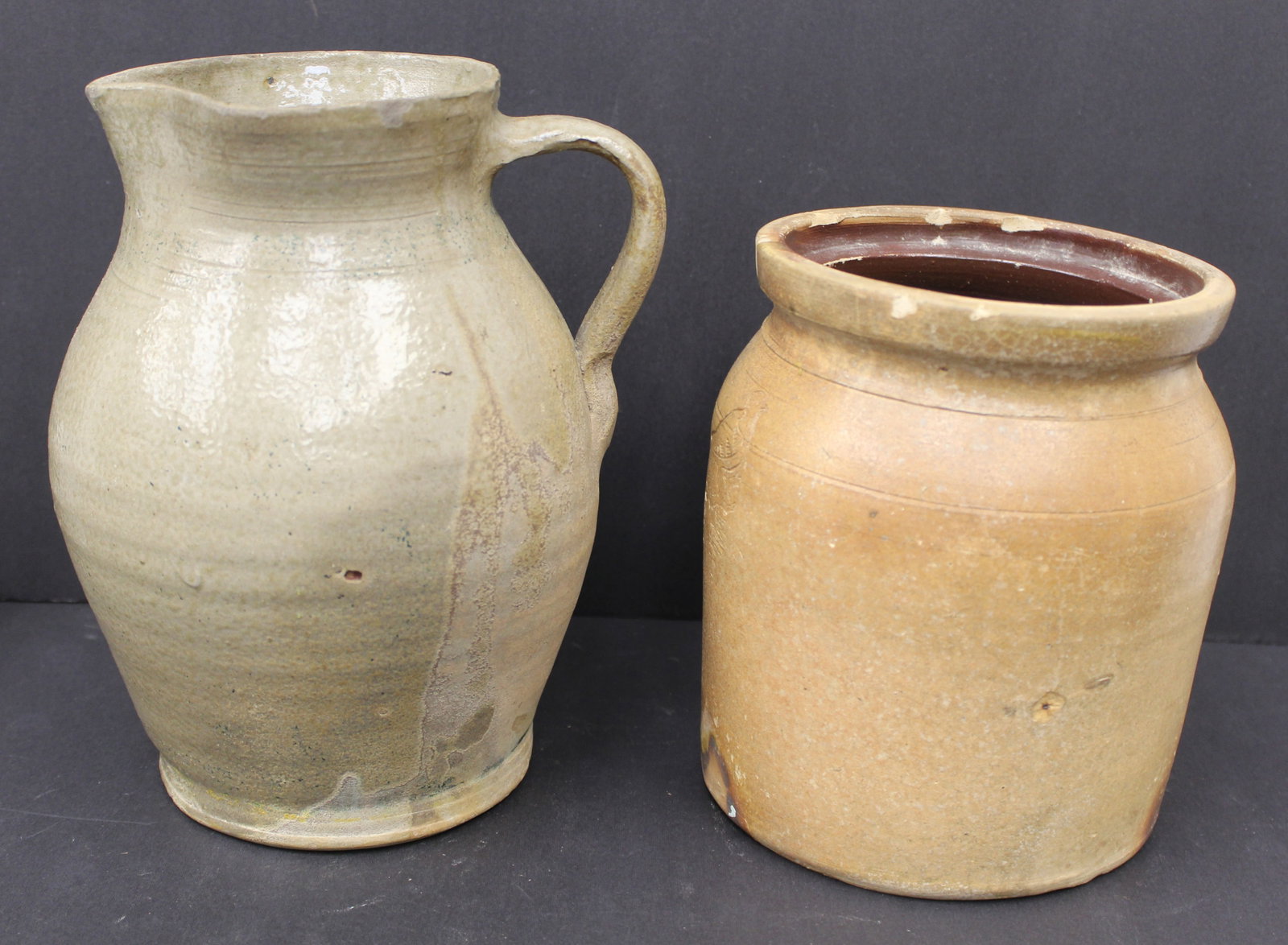 Lot of 2 antique stoneware items incl jar & pitcher - 9 1/2" & 7 1/2" tall (1 of 6)