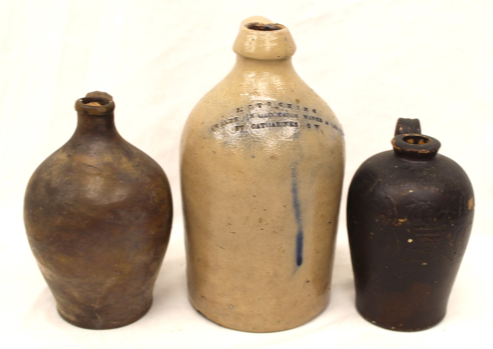 Lot of 3 antique diminutive stoneware jugs - 5 1/2" - 8 1/2" tall: Lot of 3 antique diminutive stoneware jugs - 5 1/2" - 8 1/2" tall