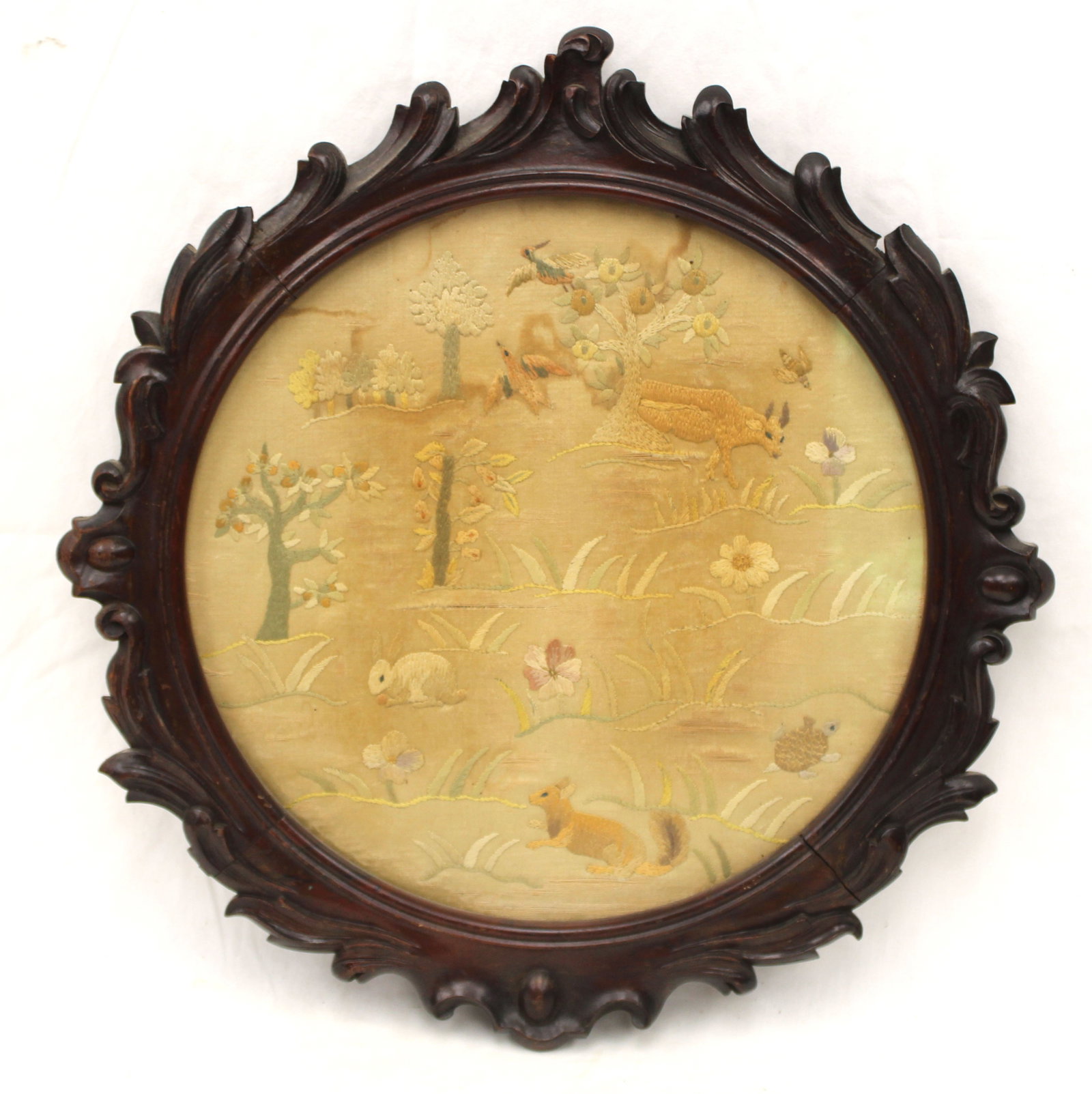 Antique framed embroidery w many animals - 19" diam frame (1 of 11)